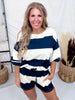 Navy & Ivory Wide Striped Drawstring Waist Shorts - Whiskey Skies - POLAGRAM + BAEVELY