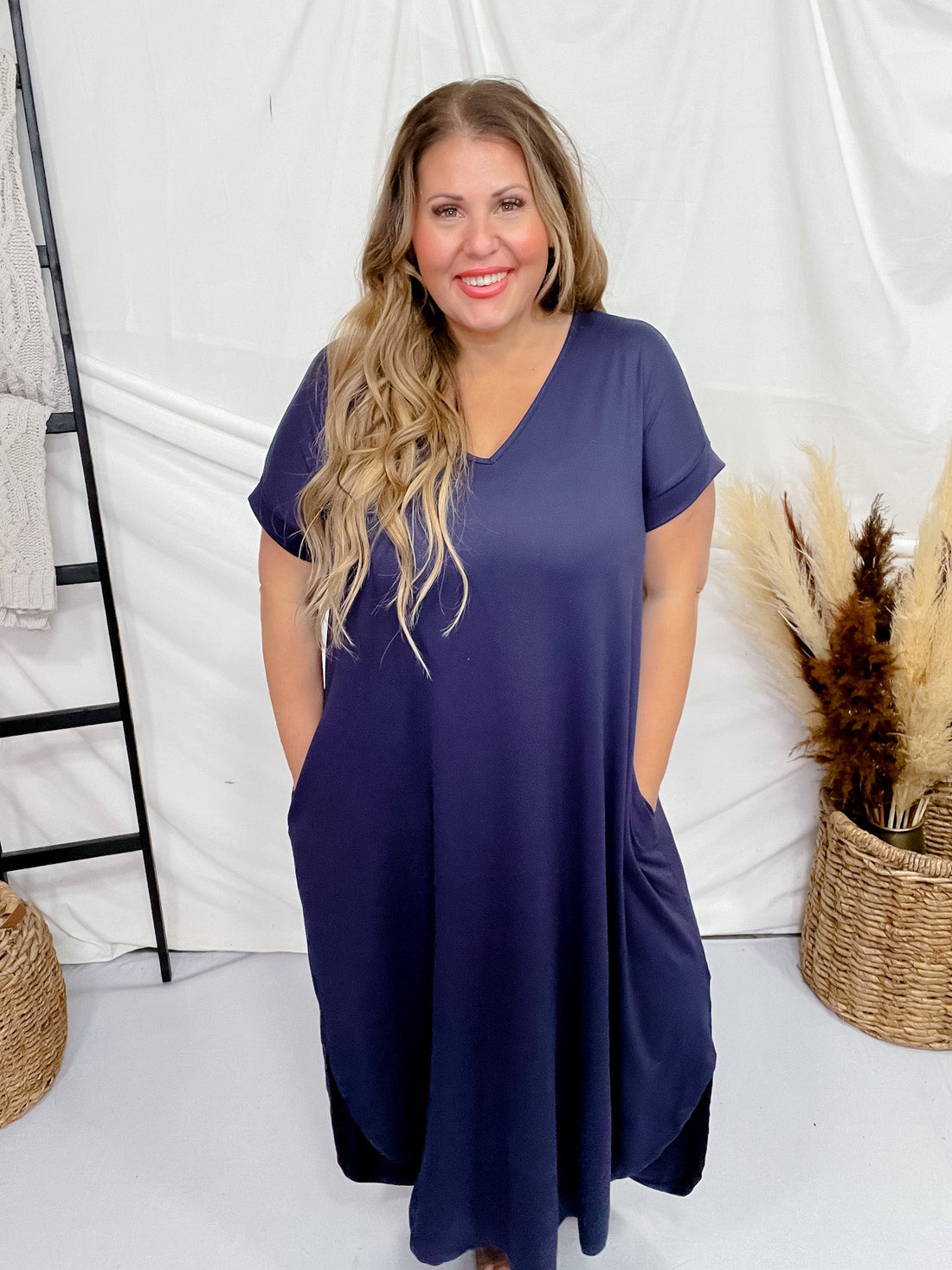 Navy Jersey Knit V - Neck Maxi Dress - Whiskey Skies - ENTRO