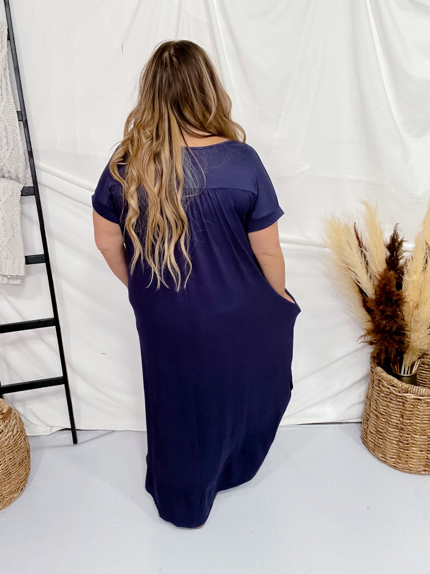 Navy Jersey Knit V - Neck Maxi Dress - Whiskey Skies - ENTRO