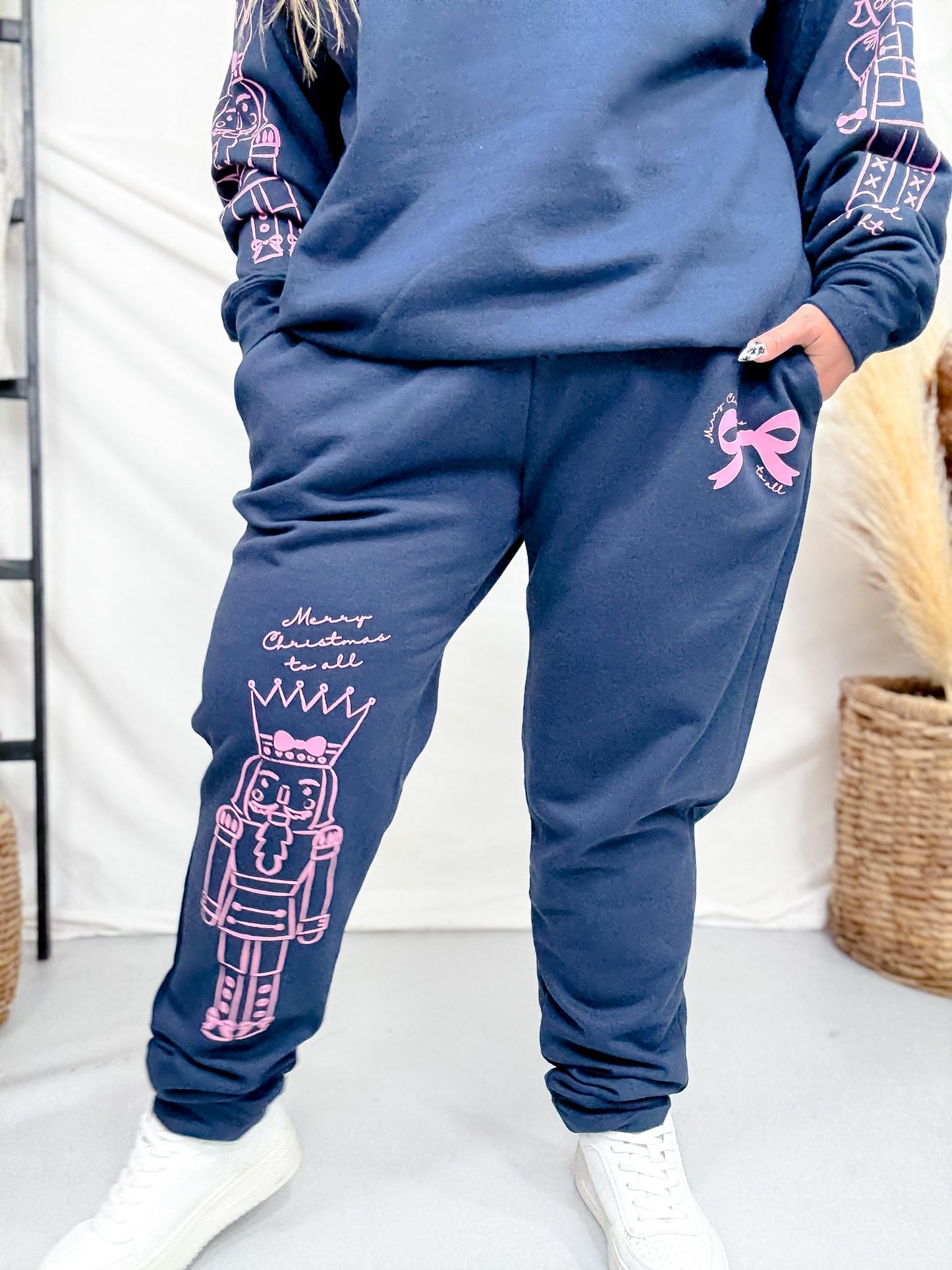 Navy Joggers With Pink Nutcrackers & Bows - Whiskey Skies - SOUTHERN BLISS COMPANY