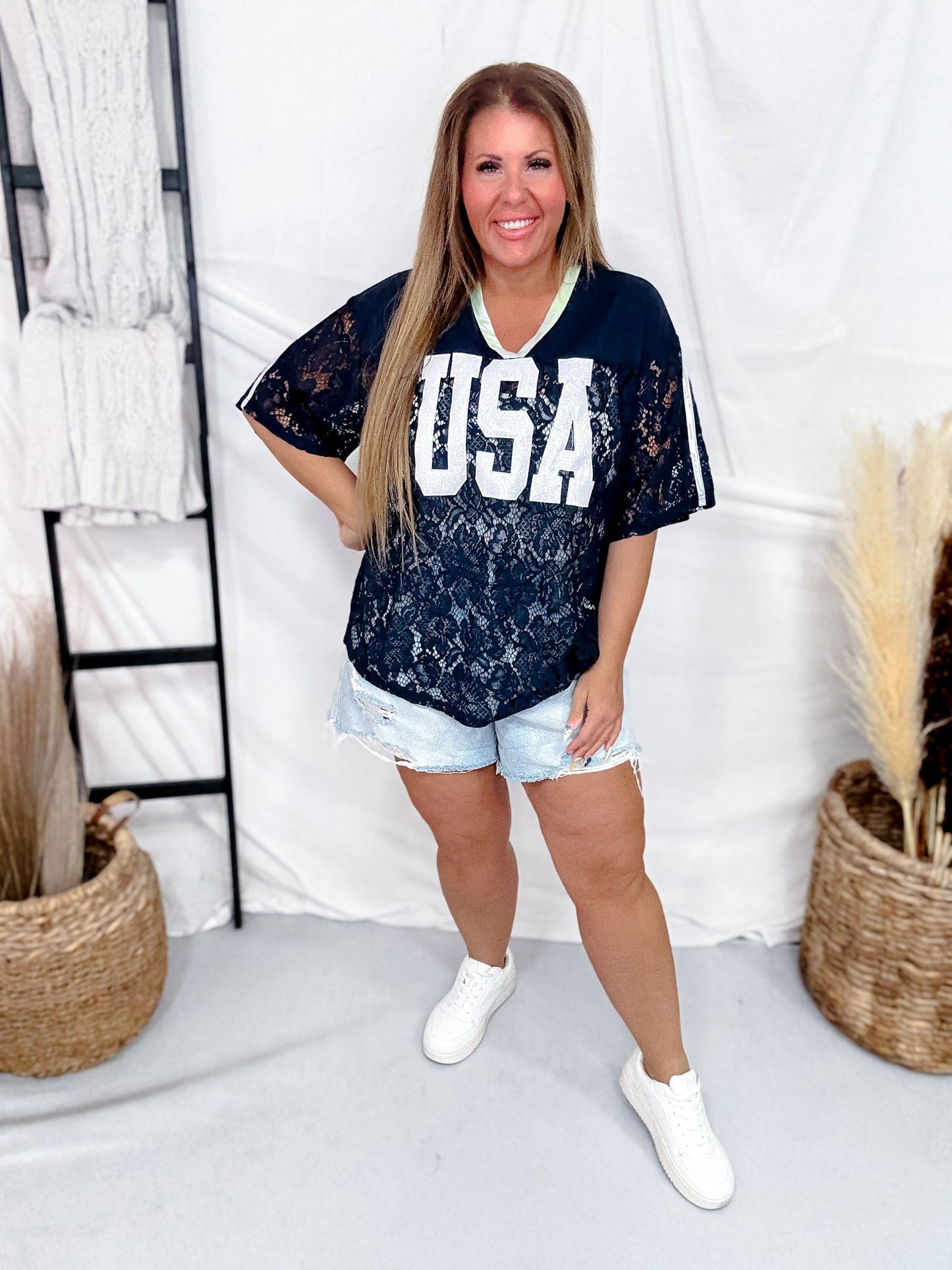 Navy Lace "USA" Short Sleeve Jersey - Whiskey Skies - SOUTHERN GRACE