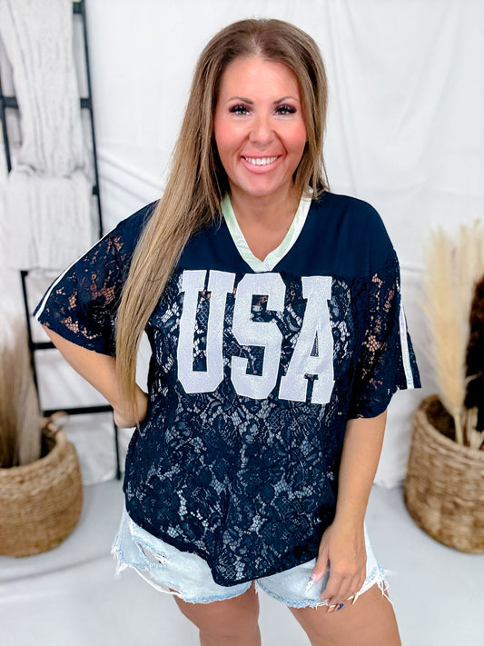 Navy Lace "USA" Short Sleeve Jersey - Whiskey Skies - SOUTHERN GRACE