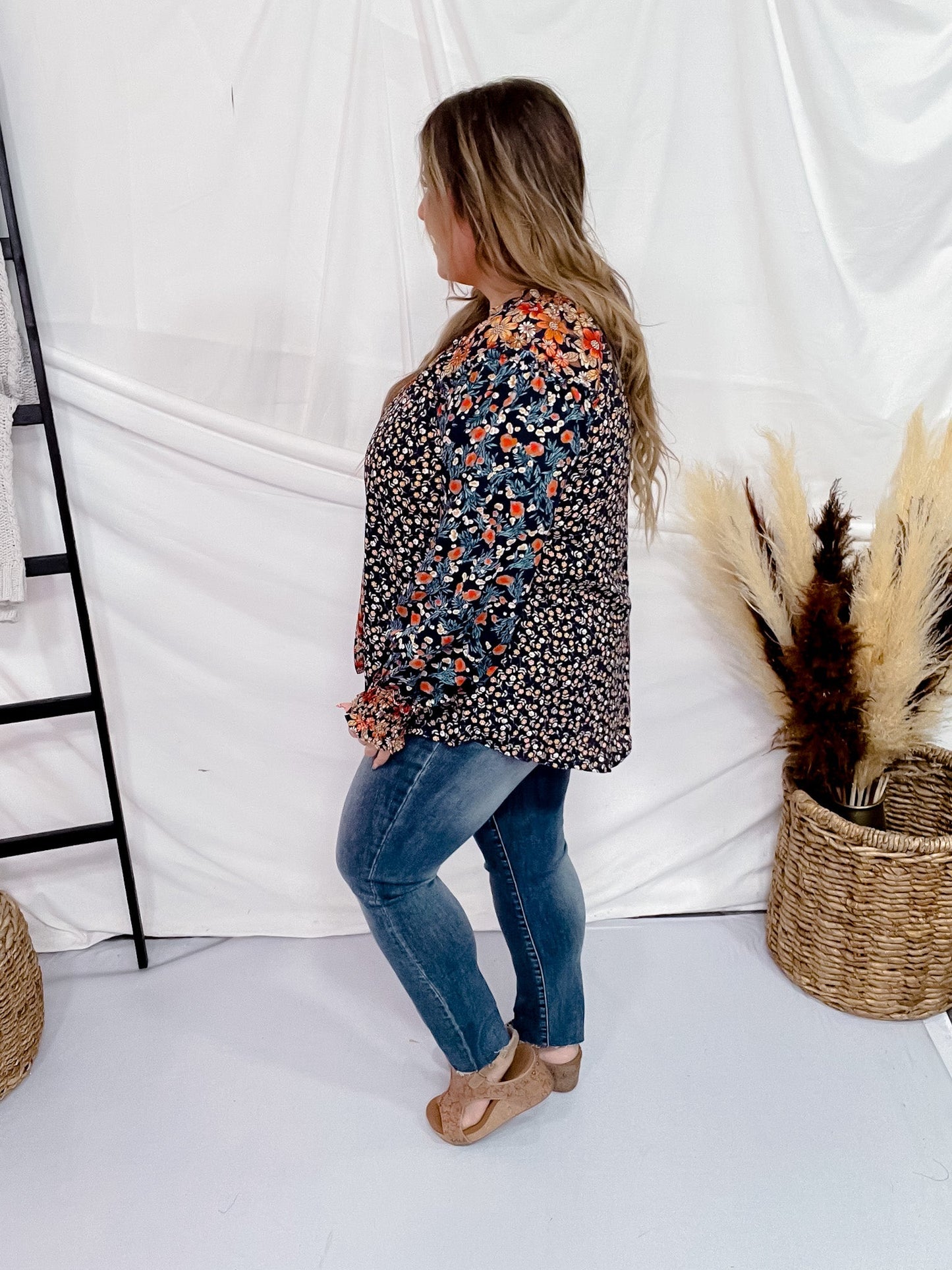 Navy Mixed Flower Print Split Neck Top - Whiskey Skies - UMGEE