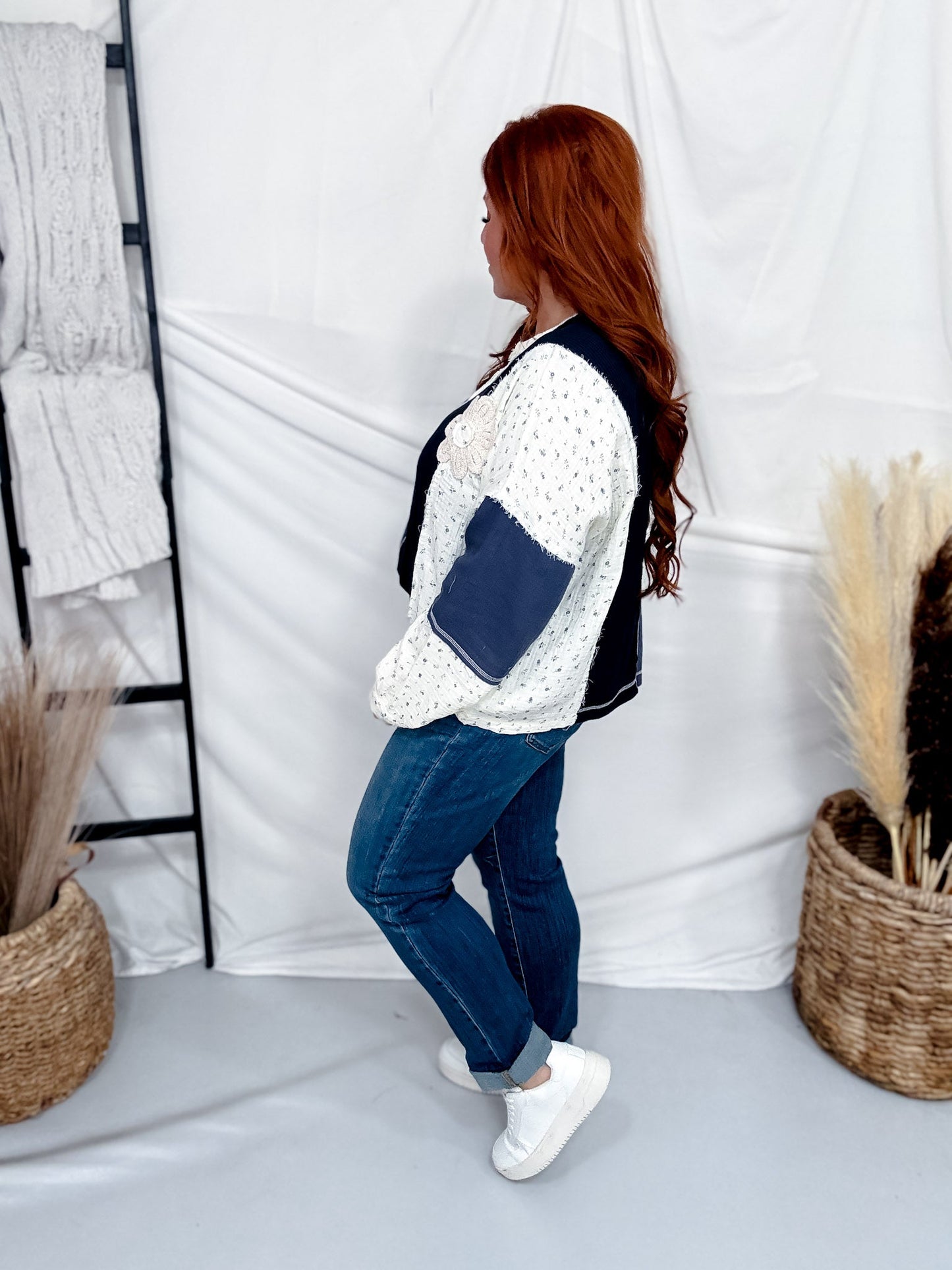 Navy Mixed Print Thermal Top With Flower Patches - Whiskey Skies - ODDI