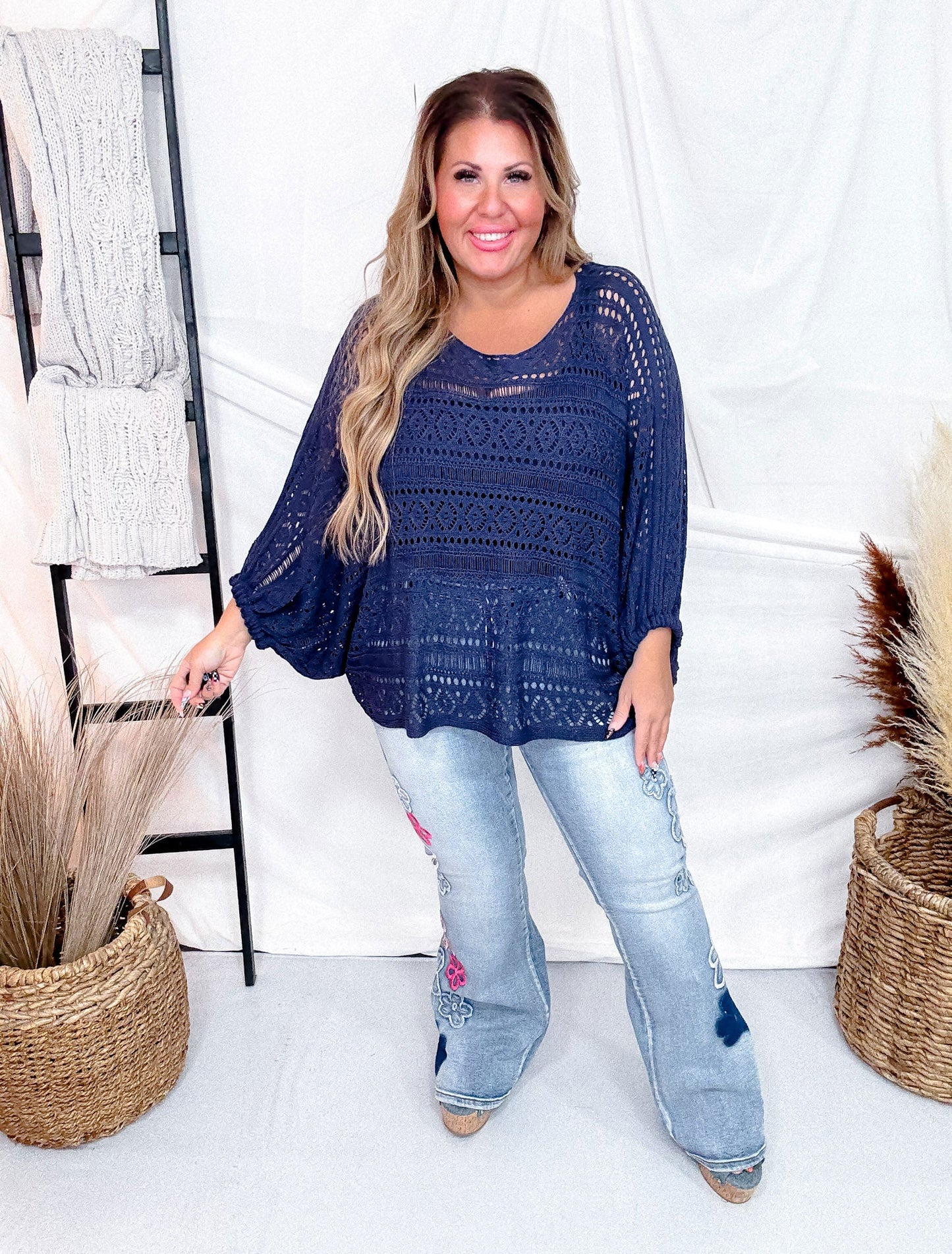 Navy Open Knit Boatneck Dolman Sleeve Cover Up Top - Whiskey Skies - COZY CO