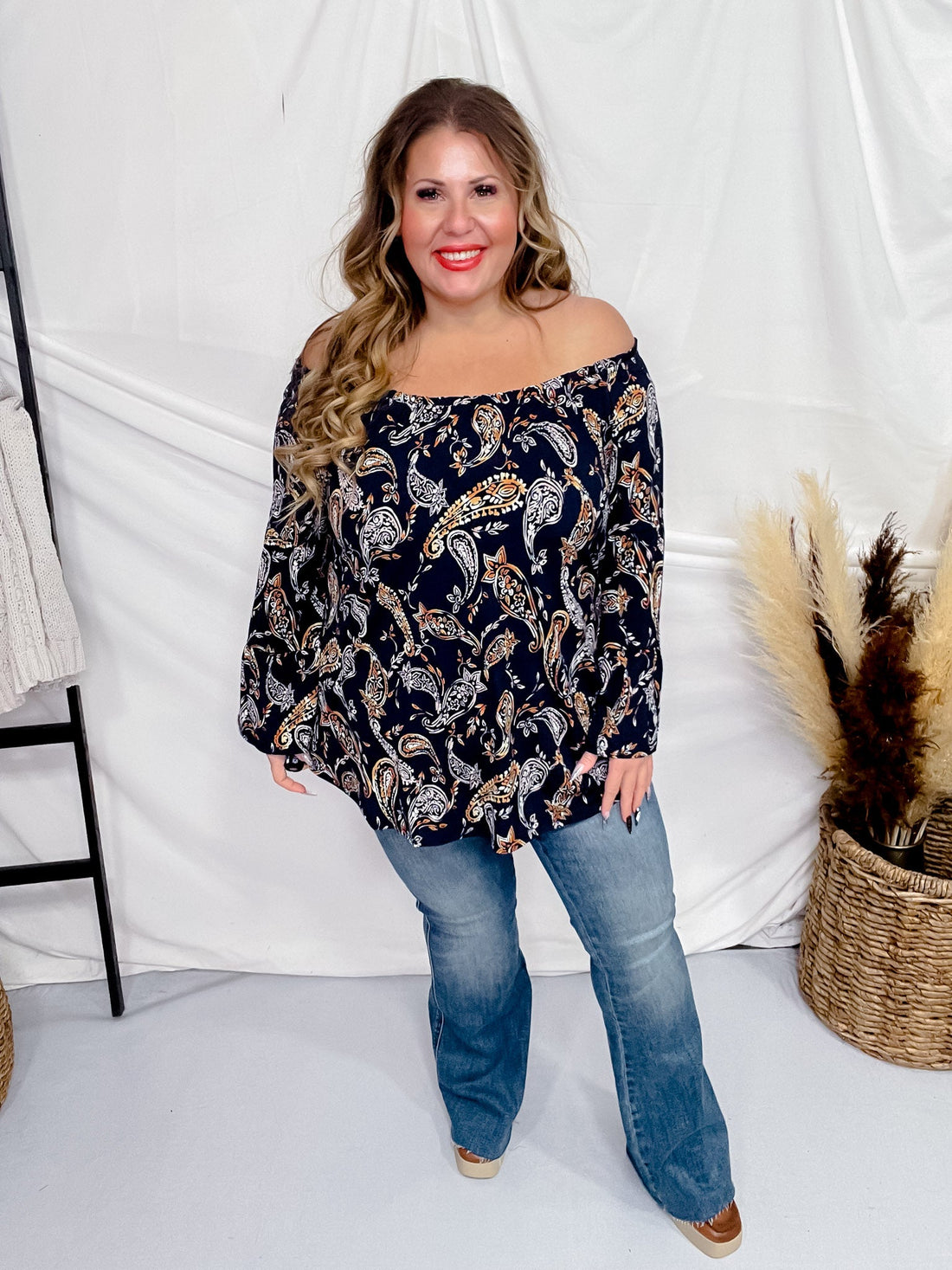 Navy Paisley Elastic Neckline Nashville Top - Whiskey Skies - DEAR SCARLETT