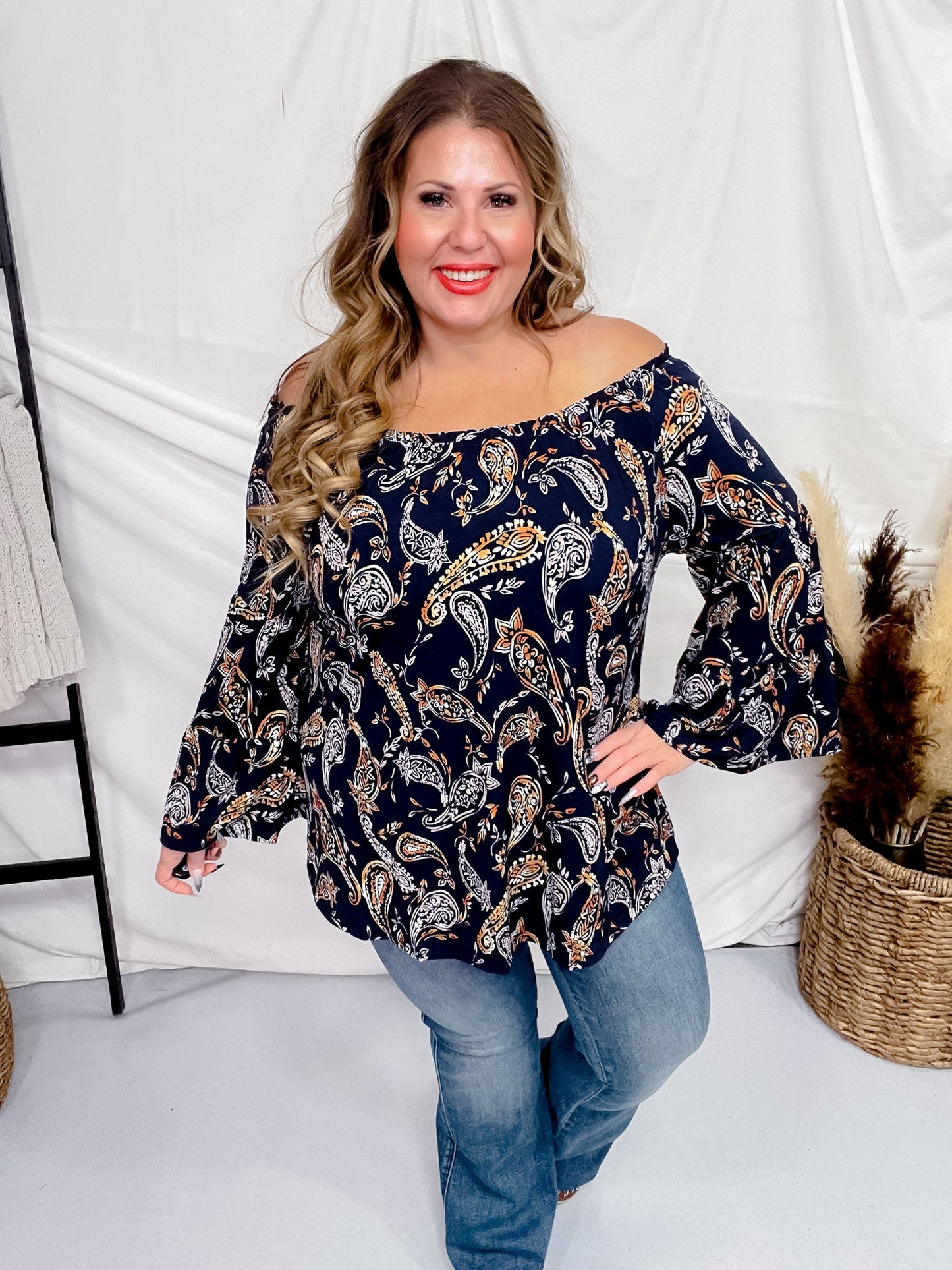 Navy Paisley Elastic Neckline Nashville Top - Whiskey Skies - DEAR SCARLETT