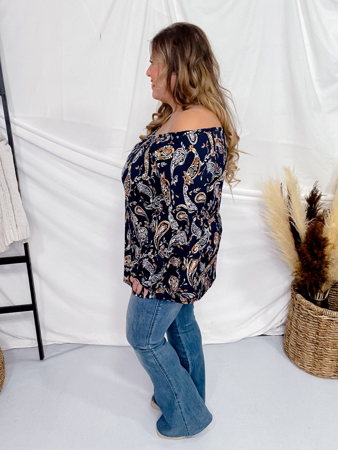 Navy Paisley Elastic Neckline Nashville Top - Whiskey Skies - DEAR SCARLETT