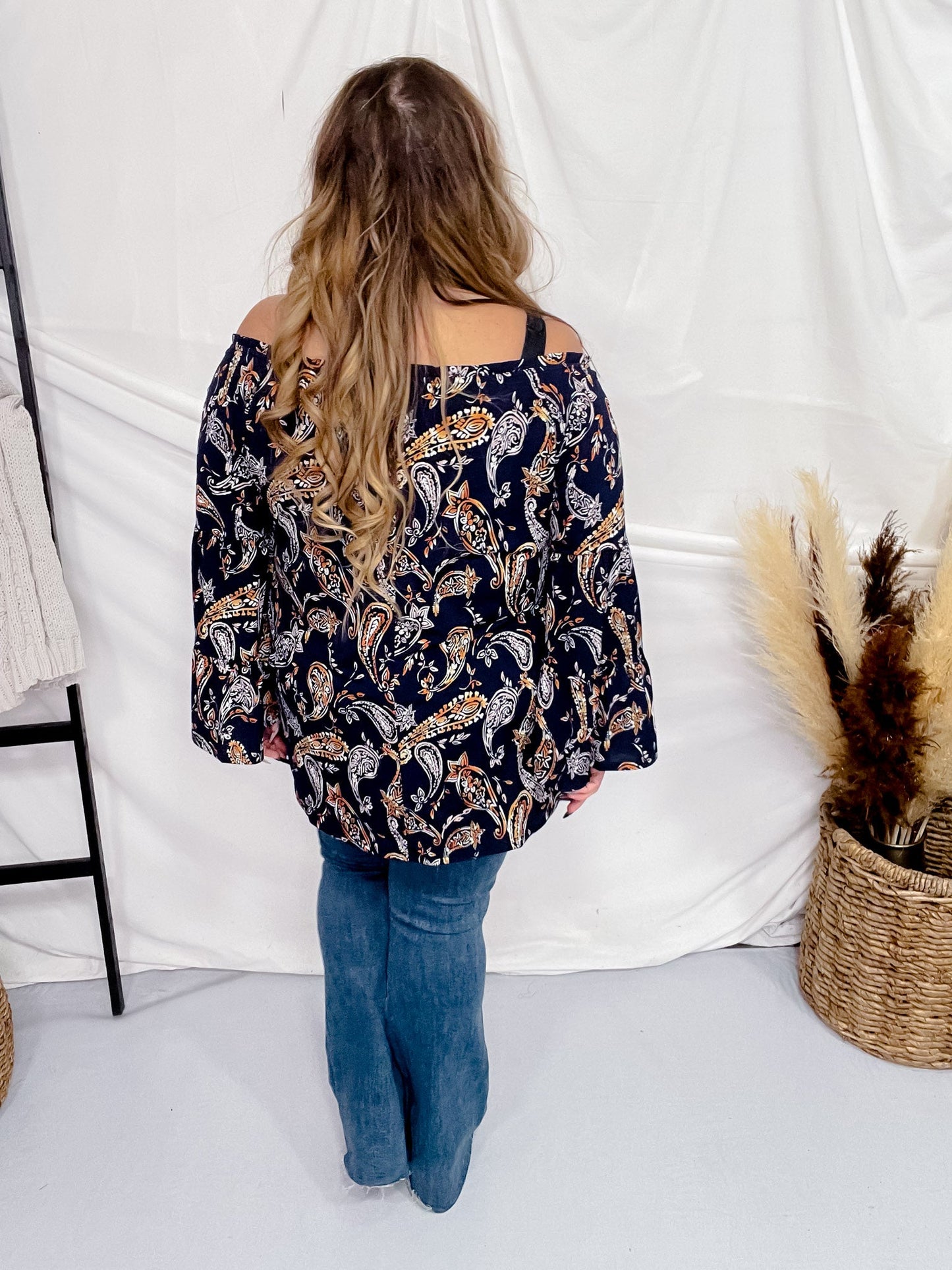 Navy Paisley Elastic Neckline Nashville Top - Whiskey Skies - DEAR SCARLETT