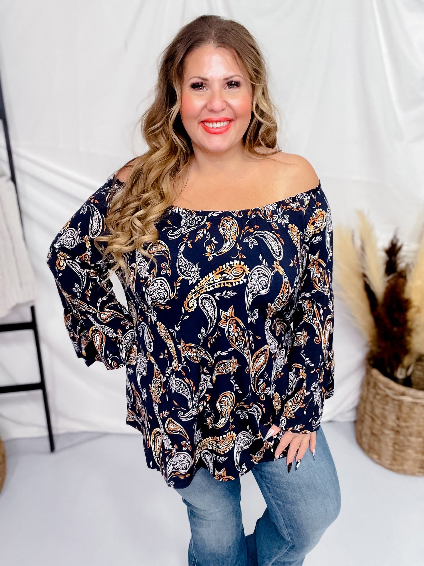 Navy Paisley Elastic Neckline Nashville Top - Whiskey Skies - DEAR SCARLETT