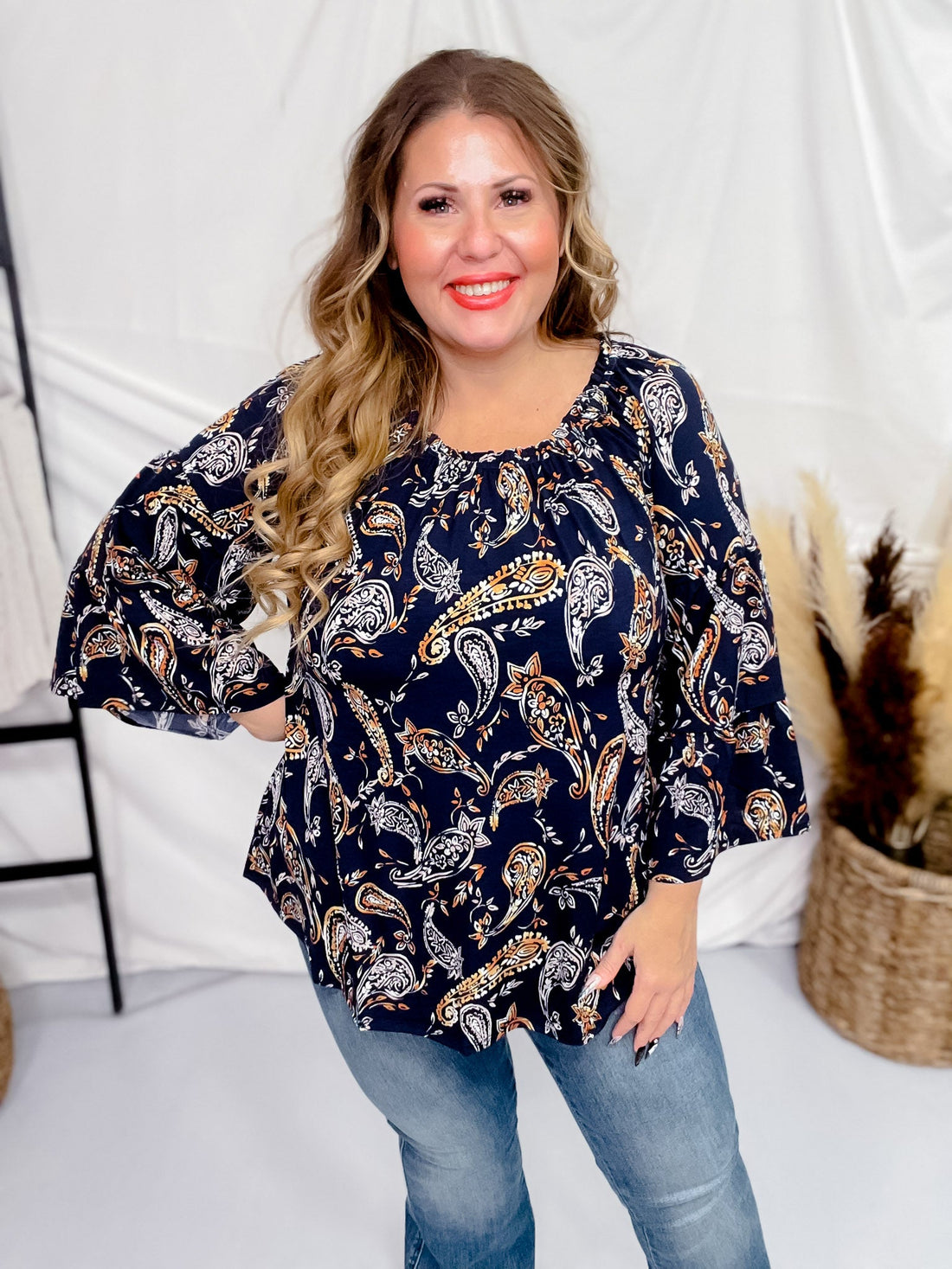 Navy Paisley Elastic Neckline Nashville Top - Whiskey Skies - DEAR SCARLETT