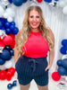 Navy Pinstriped "Libby" Linen Shorts W/ Stretchy Waistband - Whiskey Skies - MICHELLE MAE