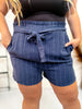 Navy Pinstriped "Libby" Linen Shorts W/ Stretchy Waistband - Whiskey Skies - MICHELLE MAE
