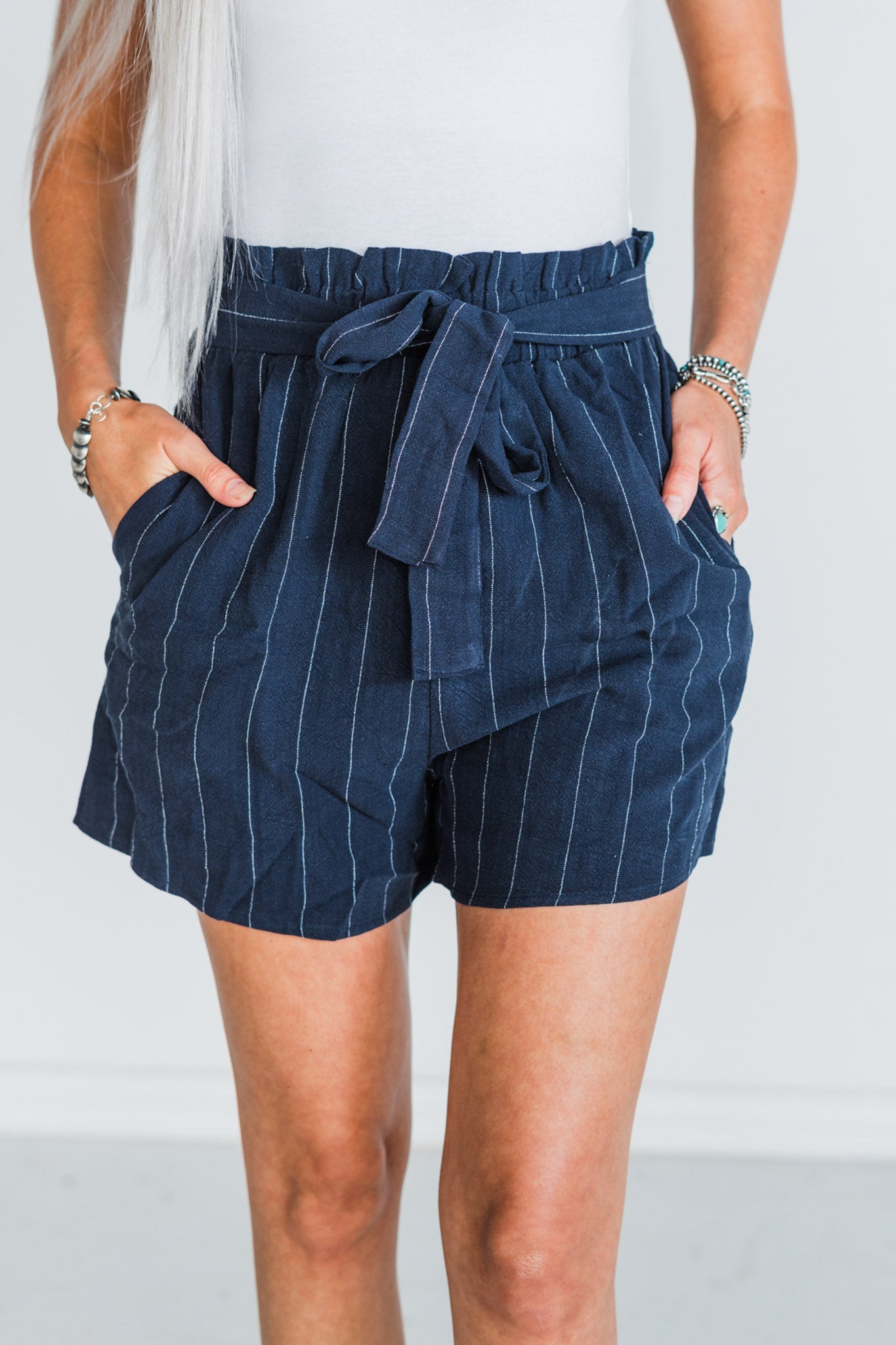 Navy Pinstriped "Libby" Linen Shorts W/ Stretchy Waistband - Whiskey Skies - MICHELLE MAE