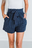 Navy Pinstriped "Libby" Linen Shorts W/ Stretchy Waistband - Whiskey Skies - MICHELLE MAE
