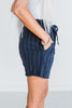 Navy Pinstriped "Libby" Linen Shorts W/ Stretchy Waistband - Whiskey Skies - MICHELLE MAE