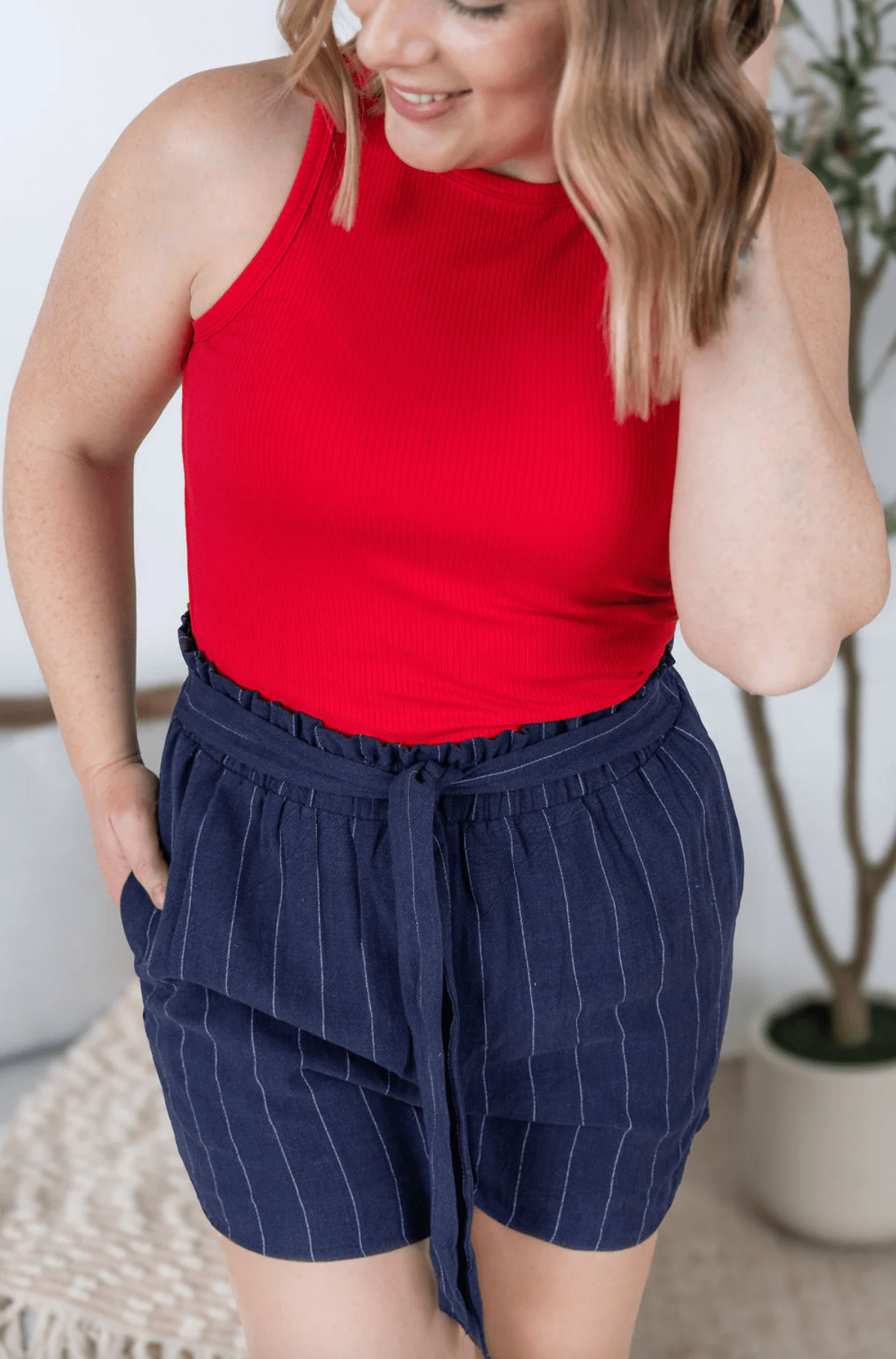Navy Pinstriped "Libby" Linen Shorts W/ Stretchy Waistband - Whiskey Skies - MICHELLE MAE