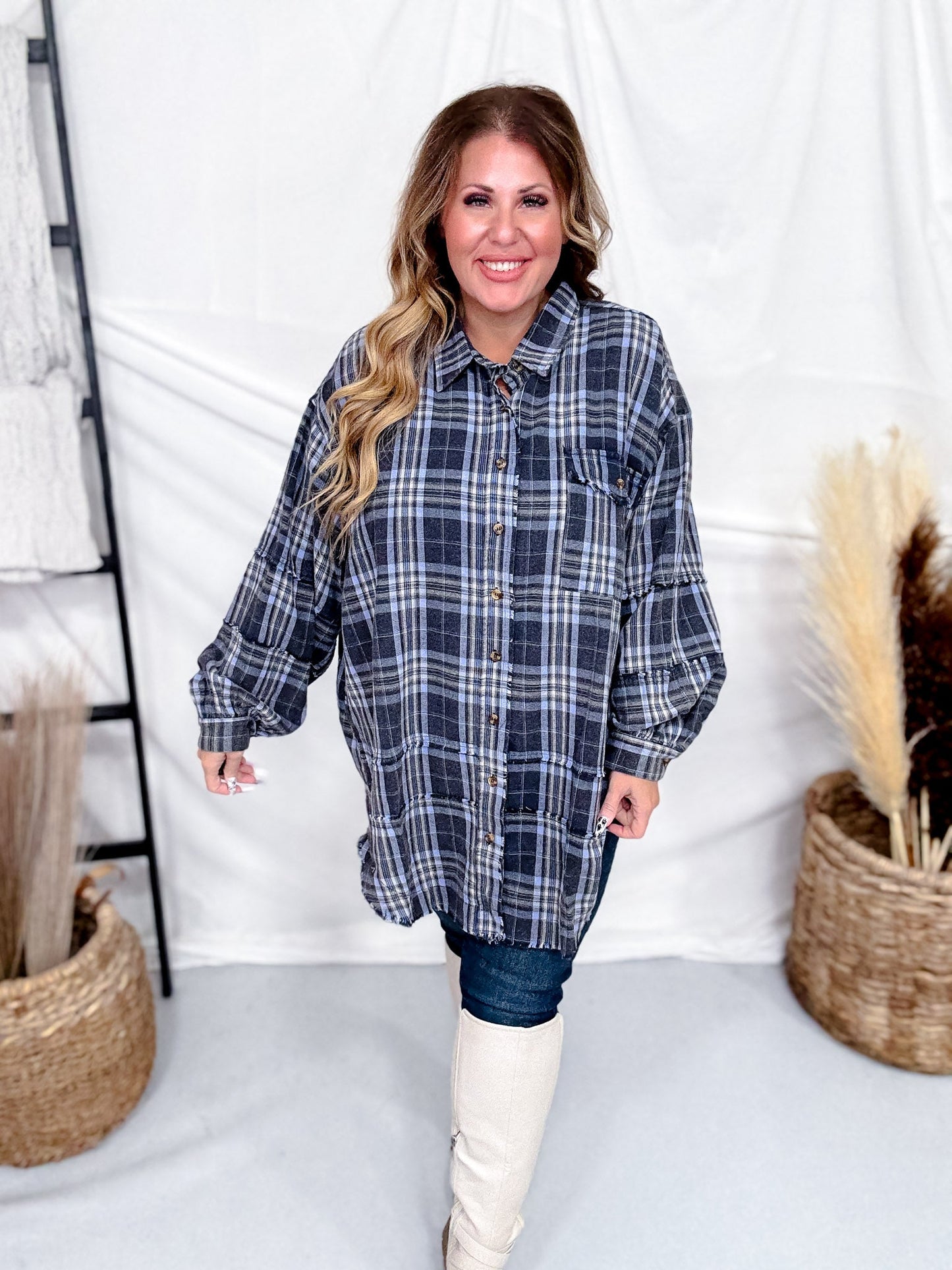 Navy Plaid Mineral Washed Flannel With Curved Hem - Whiskey Skies - EASEL