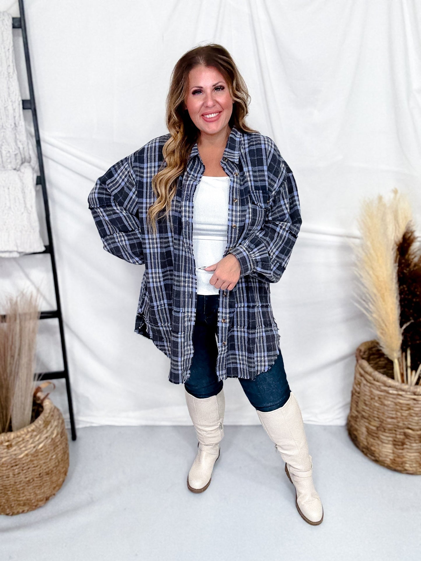 Navy Plaid Mineral Washed Flannel With Curved Hem - Whiskey Skies - EASEL