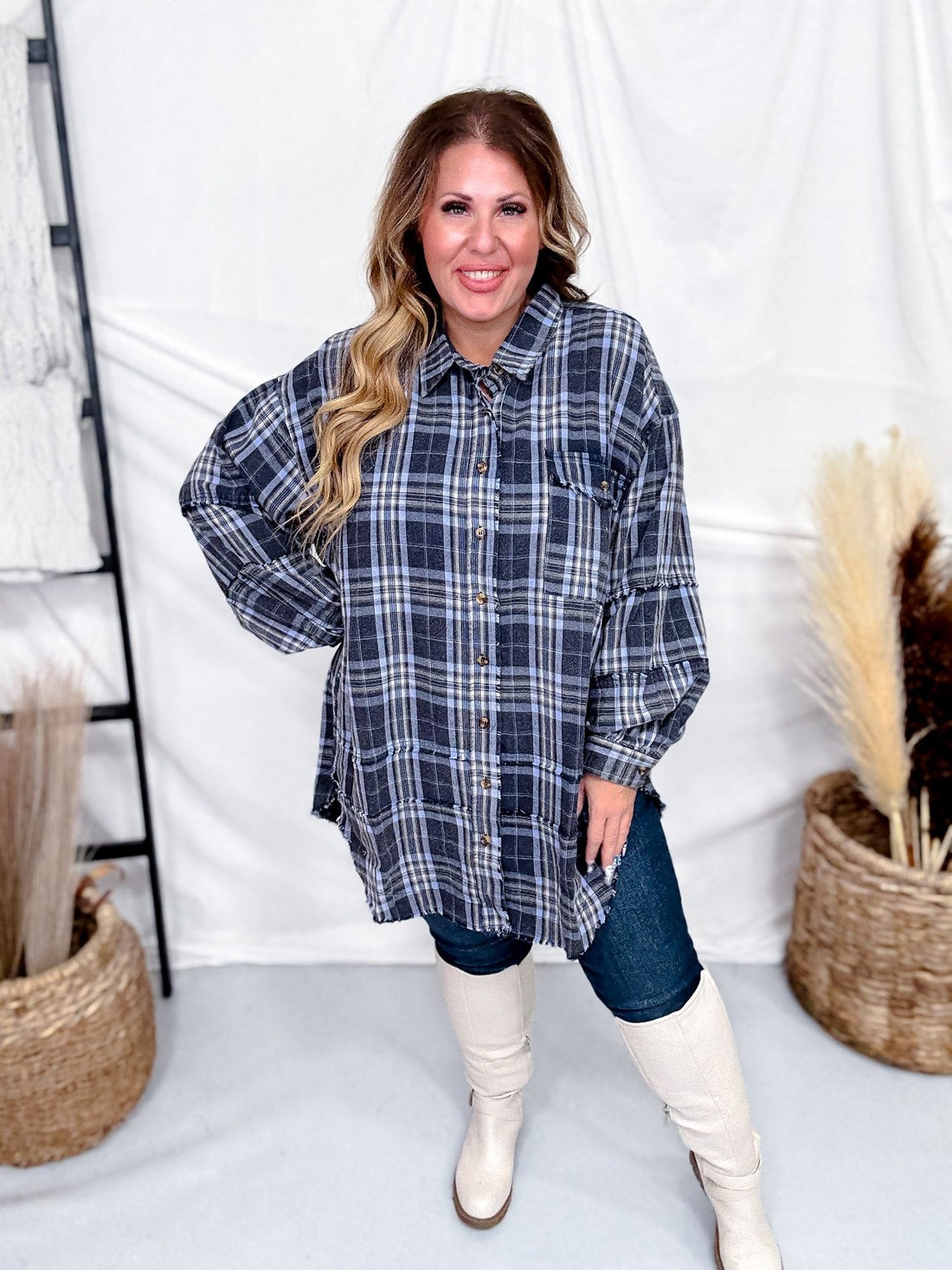 Navy Plaid Mineral Washed Flannel With Curved Hem - Whiskey Skies - EASEL