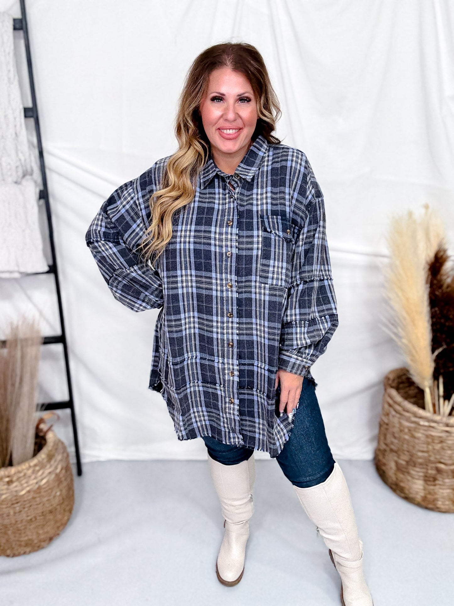 Navy Plaid Mineral Washed Flannel With Curved Hem - Whiskey Skies - EASEL