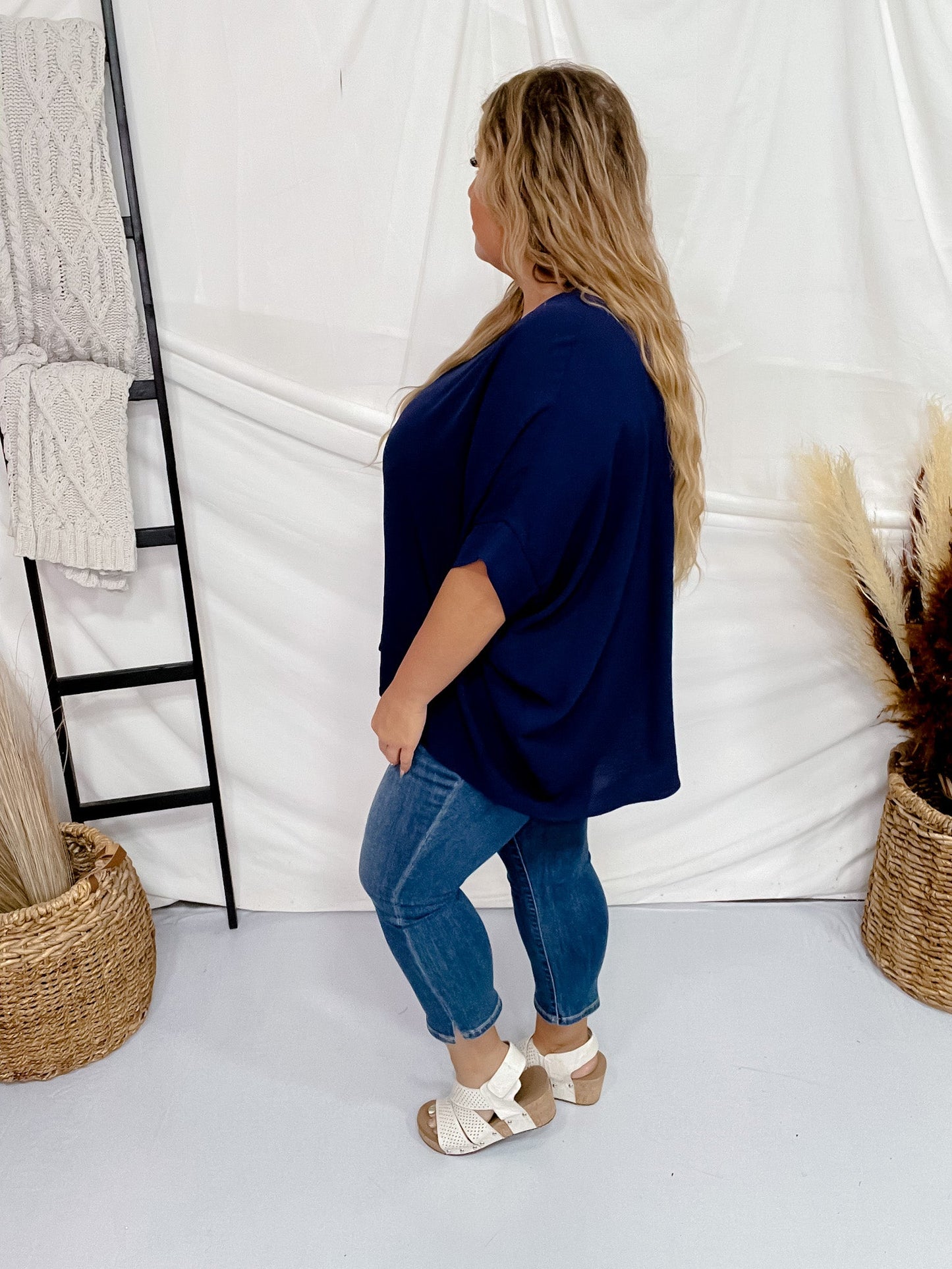 Navy Poncho Like Dolman Sleeve Top - Whiskey Skies - ANDREE BY UNIT