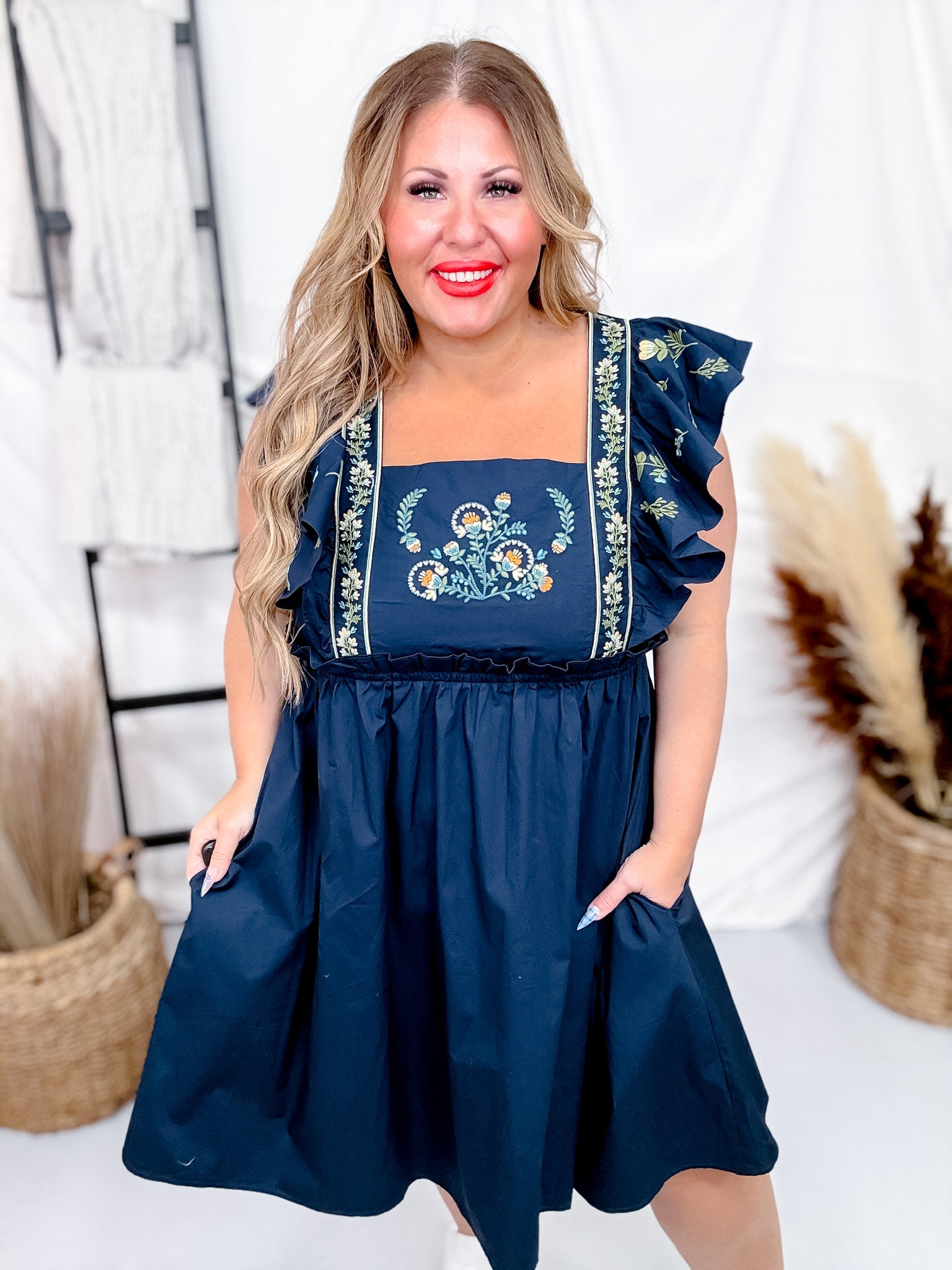navy blue ruffle sleeve dress Navy Poplin Mini Dress W/ Embroider Detail & Ruffle Sleeves