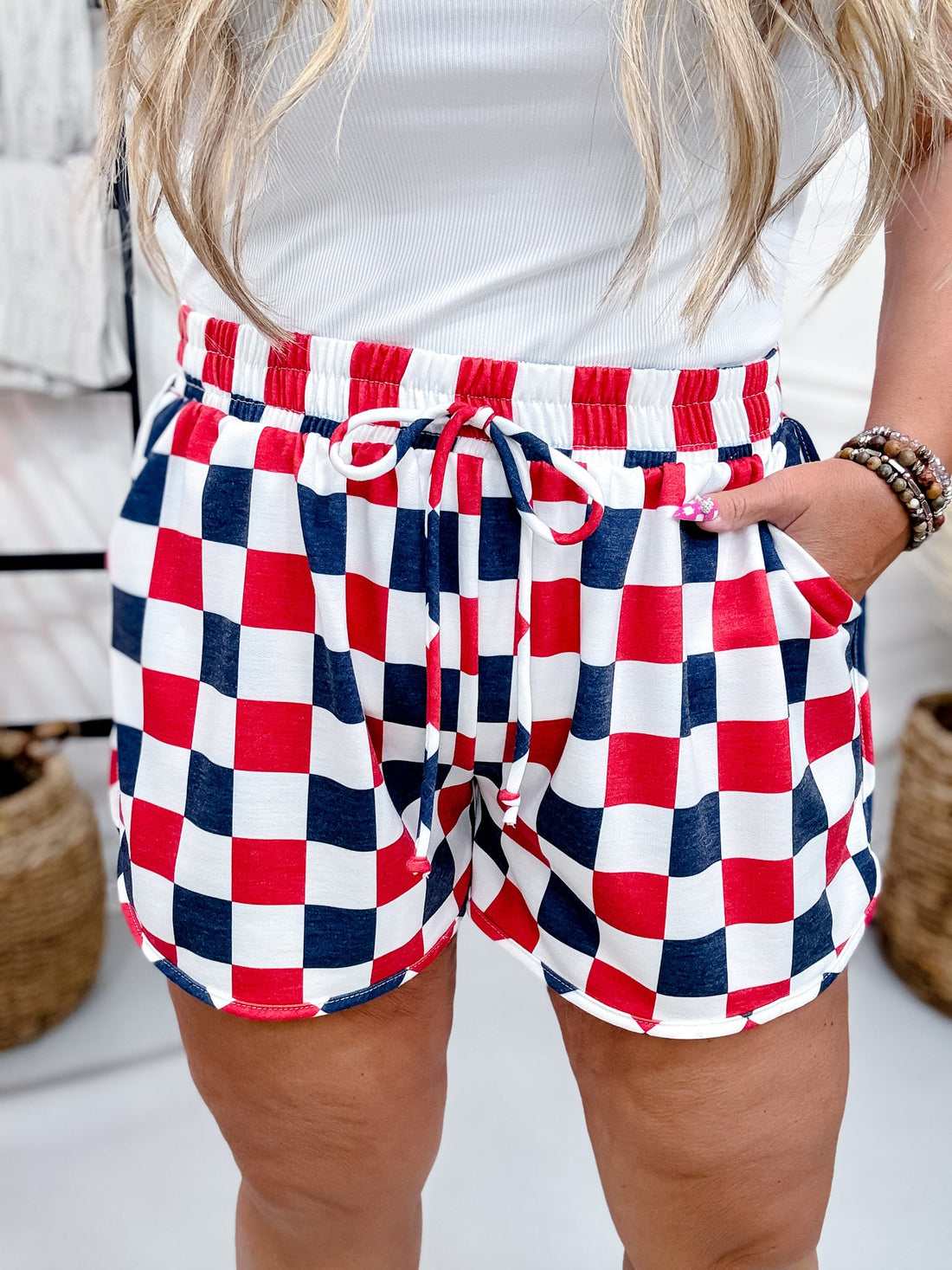 Navy & Red Drawstring Checkered Shorts - Whiskey Skies - JADE BY JANE