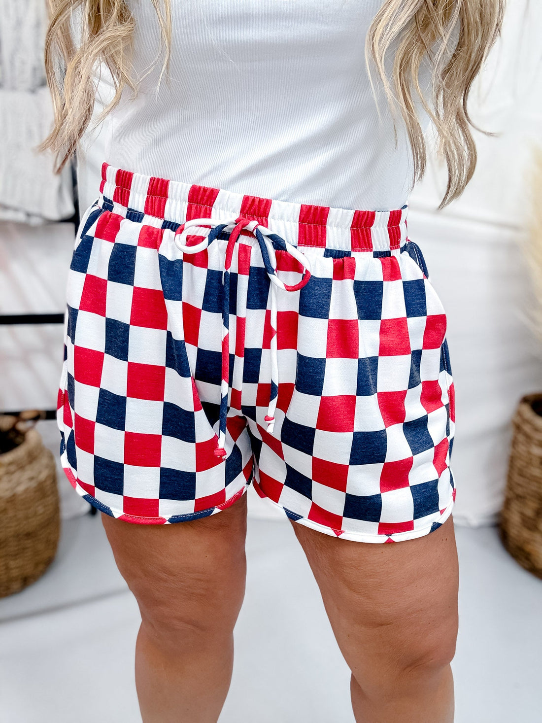 Navy & Red Drawstring Checkered Shorts - Whiskey Skies - JADE BY JANE