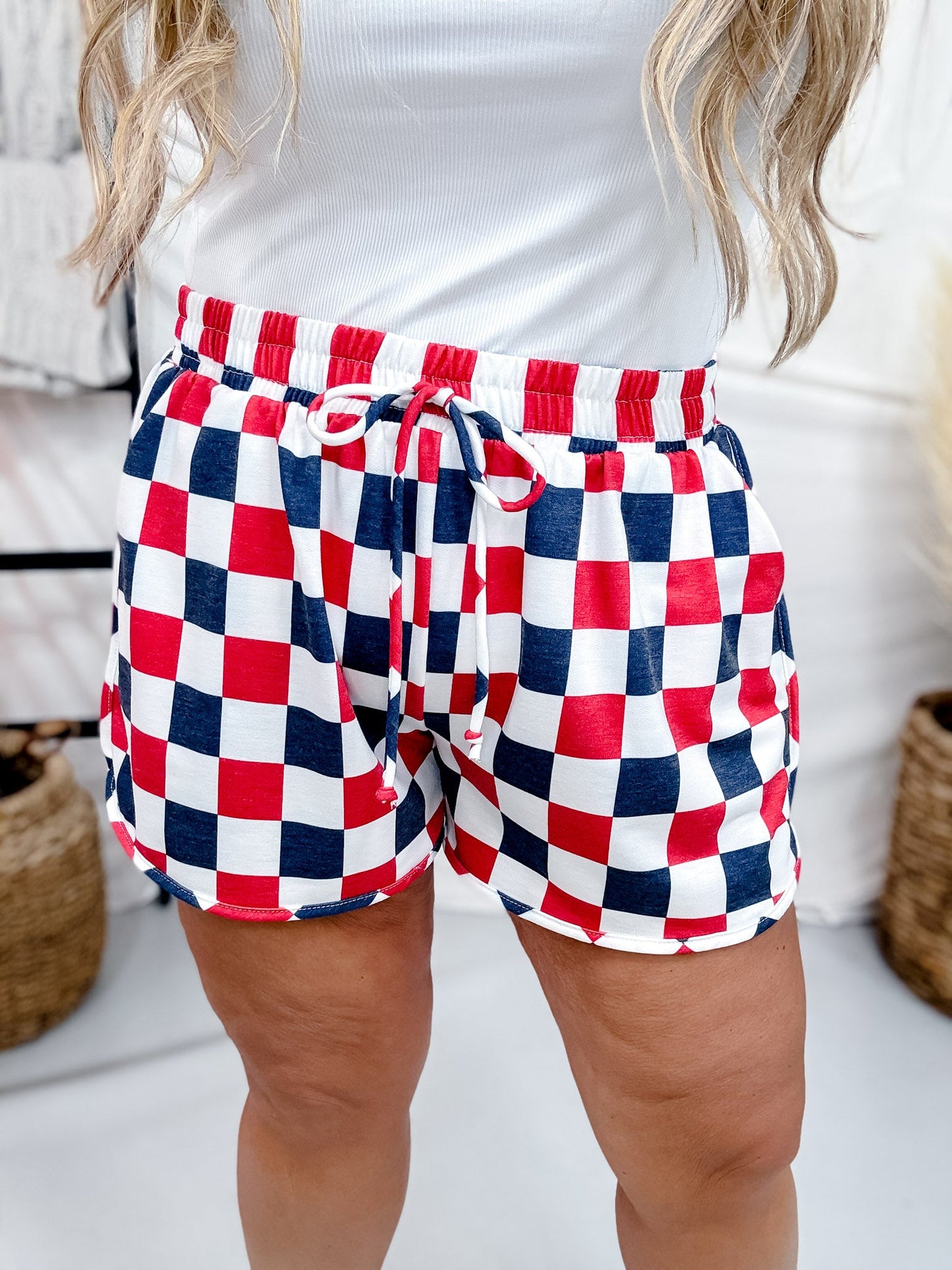 Navy & Red Drawstring Checkered Shorts - Whiskey Skies - JADE BY JANE