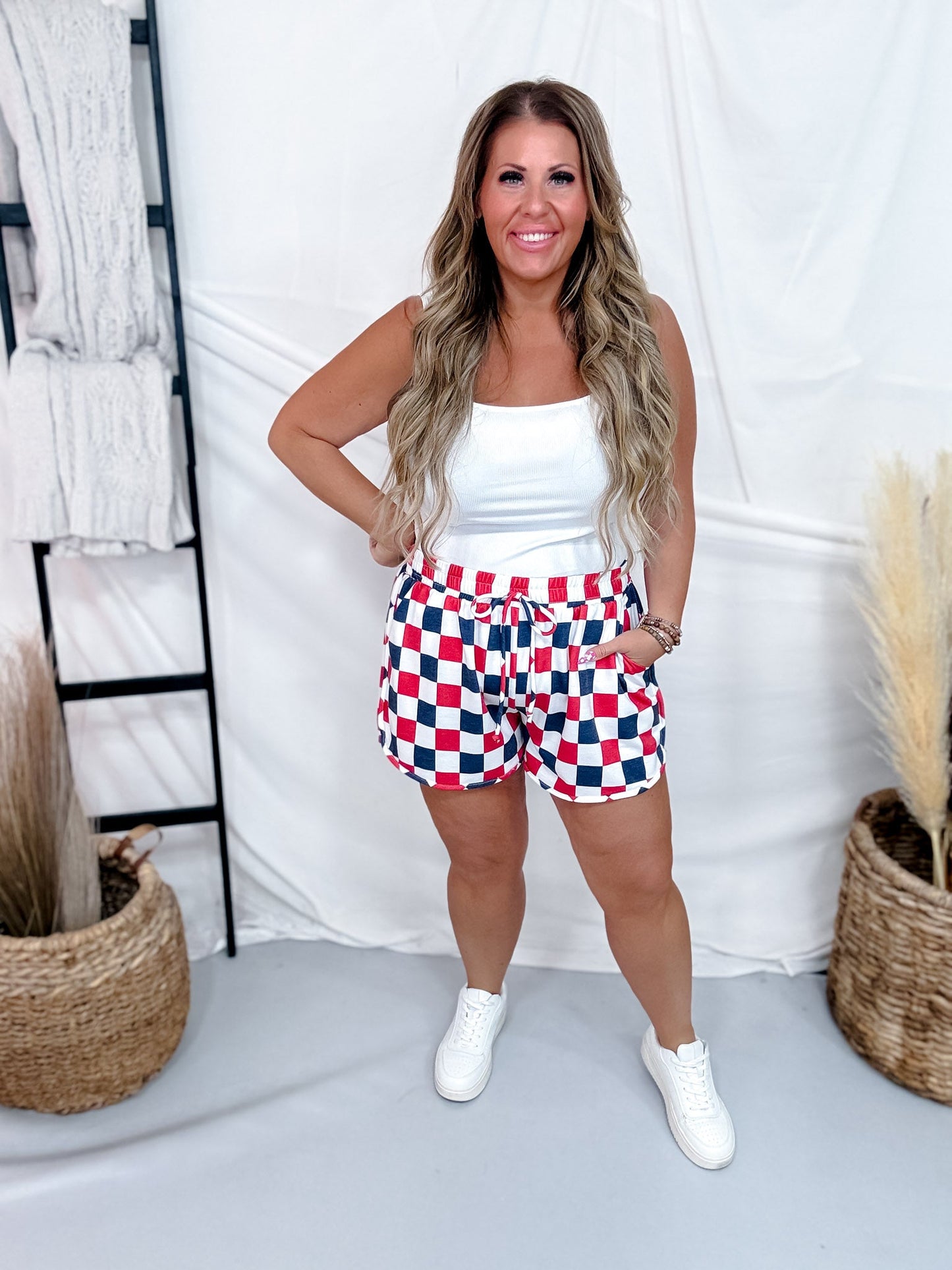 Navy & Red Drawstring Checkered Shorts - Whiskey Skies - JADE BY JANE