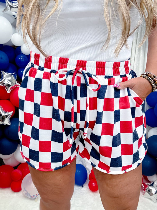 Navy & Red Drawstring Checkered Shorts - Whiskey Skies - JADE BY JANE