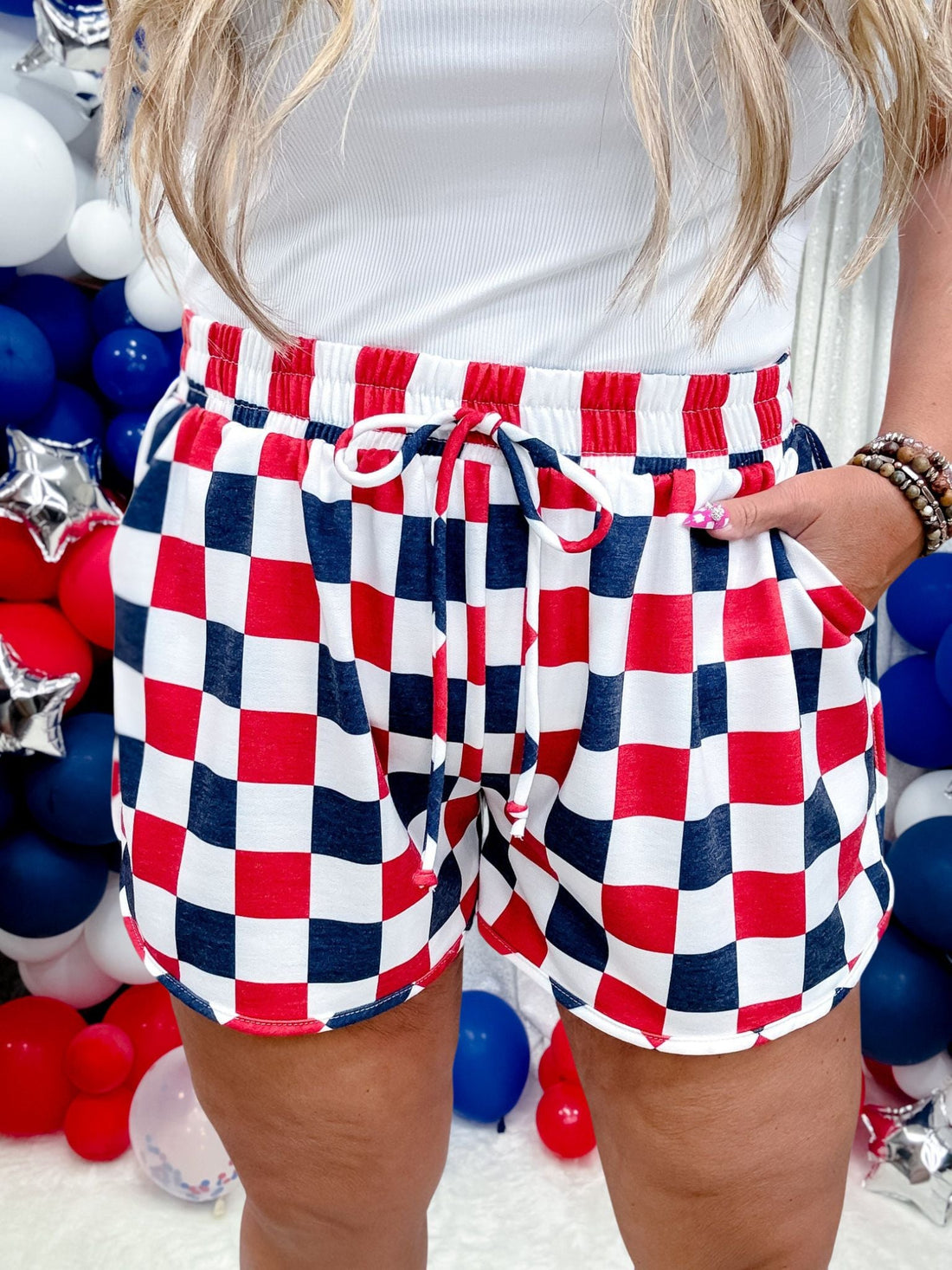 Navy & Red Drawstring Checkered Shorts - Whiskey Skies - JADE BY JANE