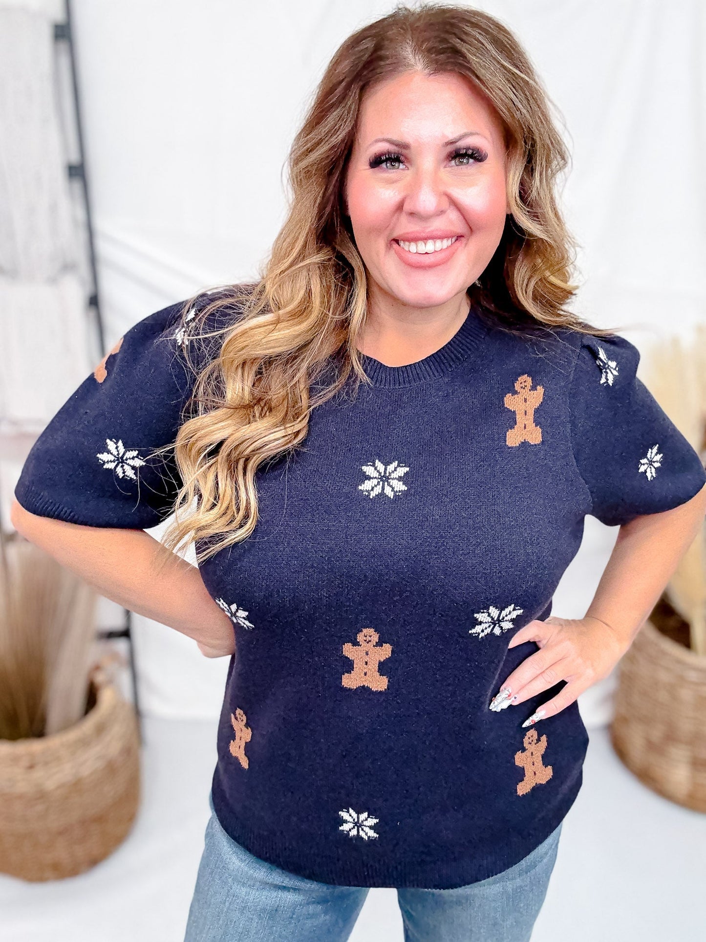 Navy Short Sleeve Knit Sweater Top With Gingerbread Pattern - Whiskey Skies - SHE + SKY