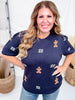 Navy Short Sleeve Knit Sweater Top With Gingerbread Pattern - Whiskey Skies - SHE + SKY