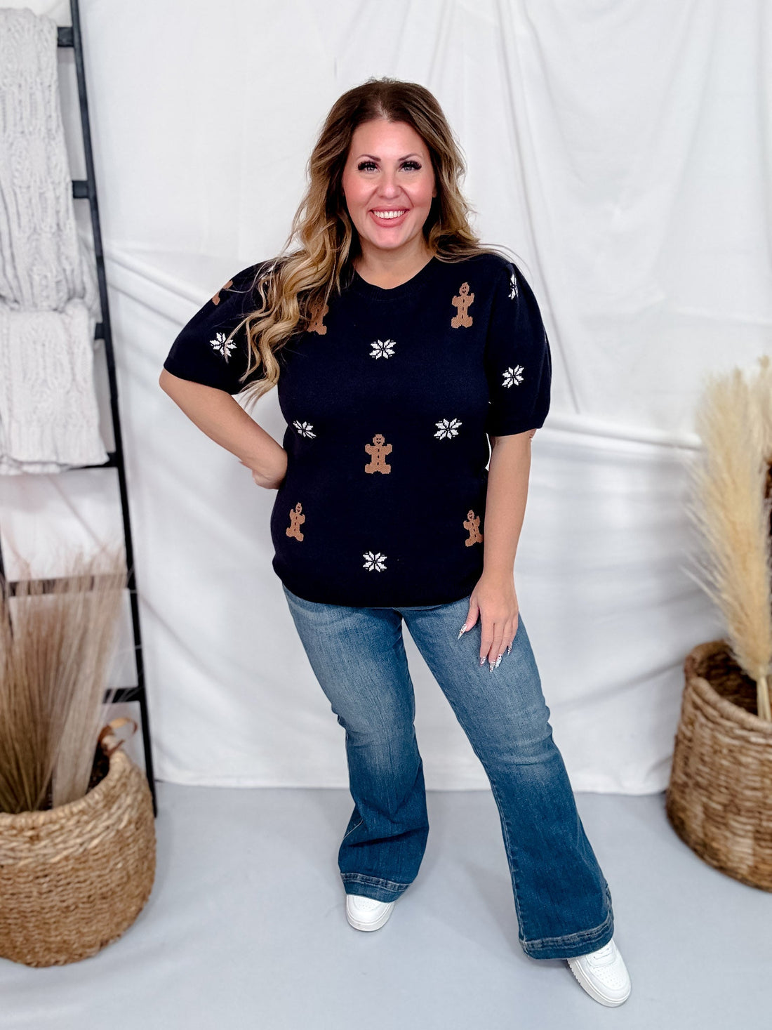 Navy Short Sleeve Knit Sweater Top With Gingerbread Pattern - Whiskey Skies - SHE + SKY