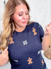 Navy Short Sleeve Knit Sweater Top With Gingerbread Pattern - Whiskey Skies - SHE + SKY