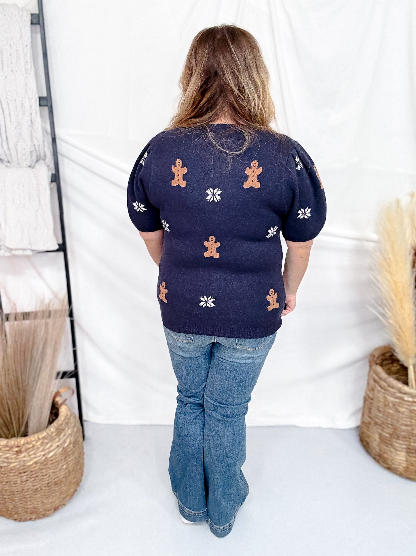 Navy Short Sleeve Knit Sweater Top With Gingerbread Pattern - Whiskey Skies - SHE + SKY
