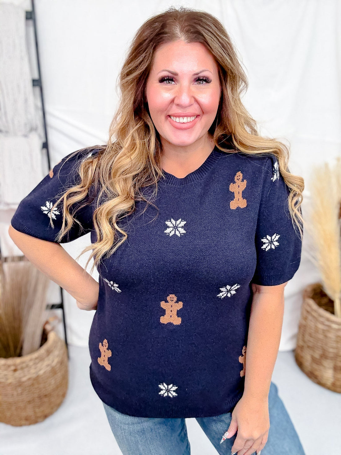 Navy Short Sleeve Knit Sweater Top With Gingerbread Pattern - Whiskey Skies - SHE + SKY