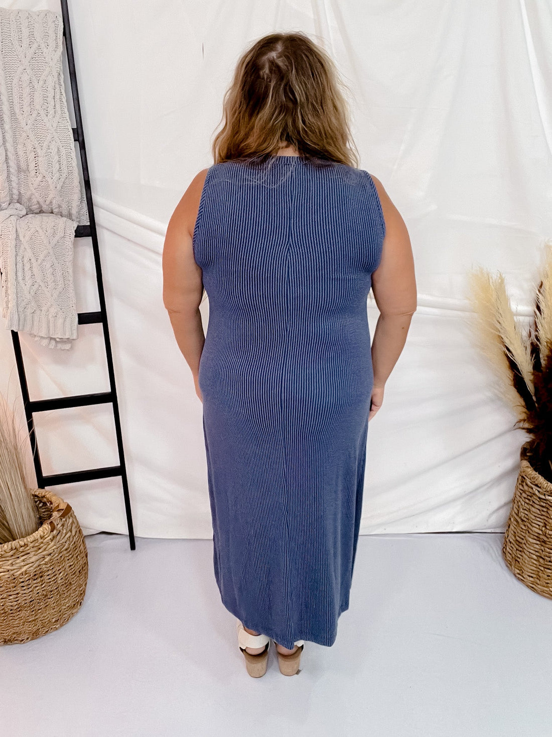 Navy Sleeveless Essential V - Neck Ribbed Maxi Dress - Whiskey Skies - BLUMIN