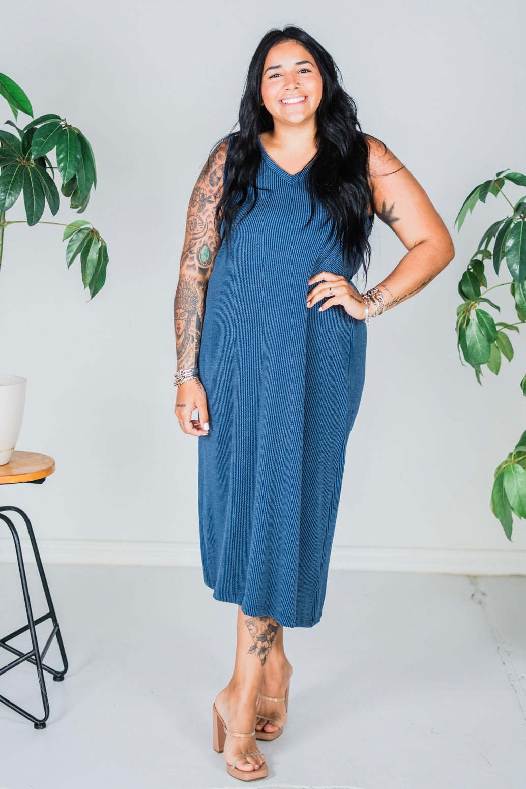 Navy Sleeveless Essential V - Neck Ribbed Maxi Dress - Whiskey Skies - BLUMIN