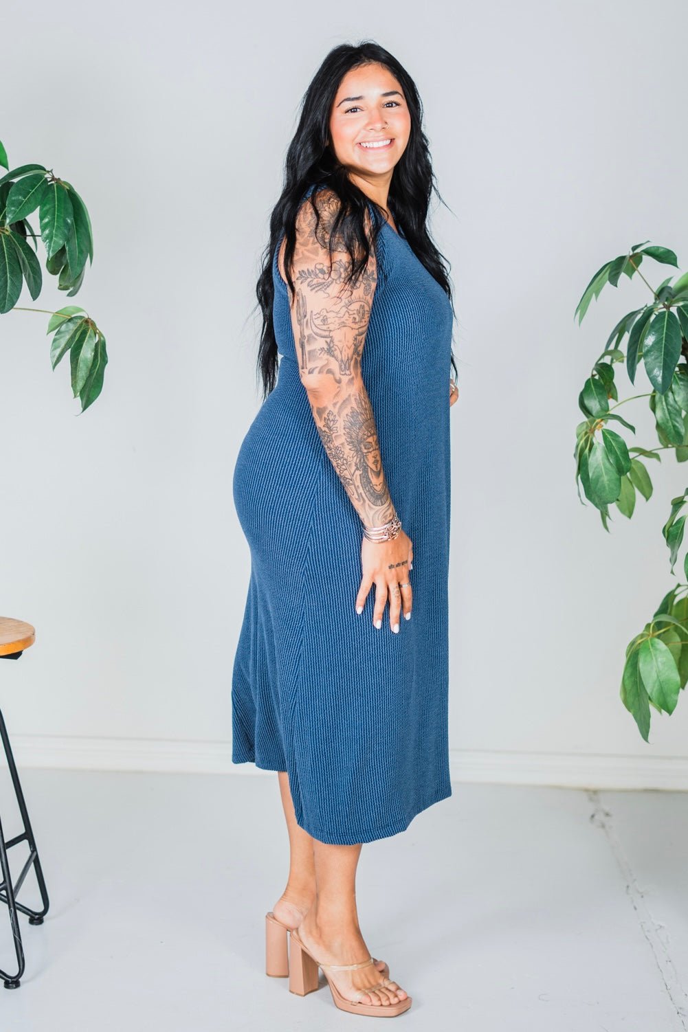 Navy Sleeveless Essential V - Neck Ribbed Maxi Dress - Whiskey Skies - BLUMIN