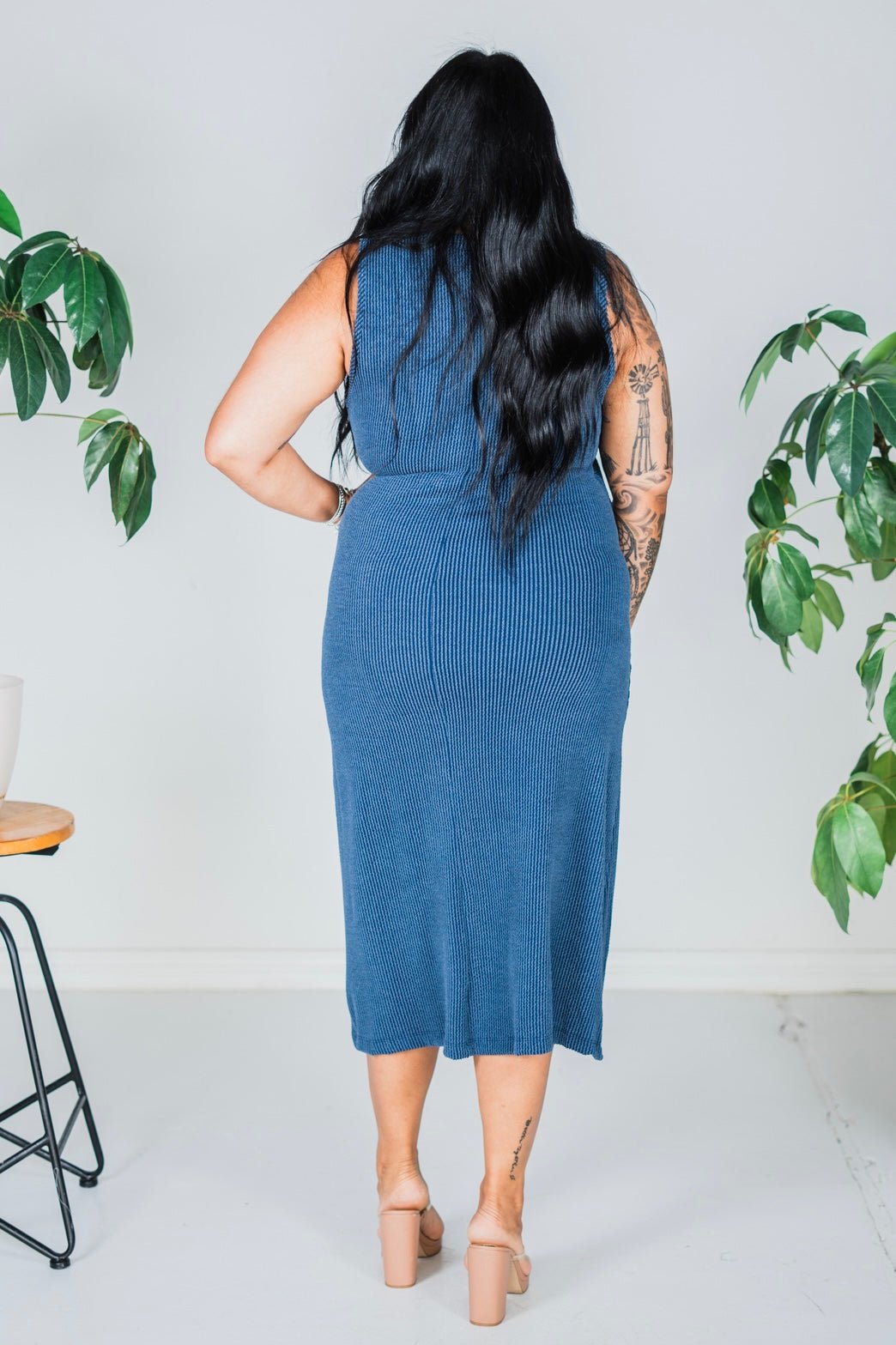 Navy Sleeveless Essential V - Neck Ribbed Maxi Dress - Whiskey Skies - BLUMIN