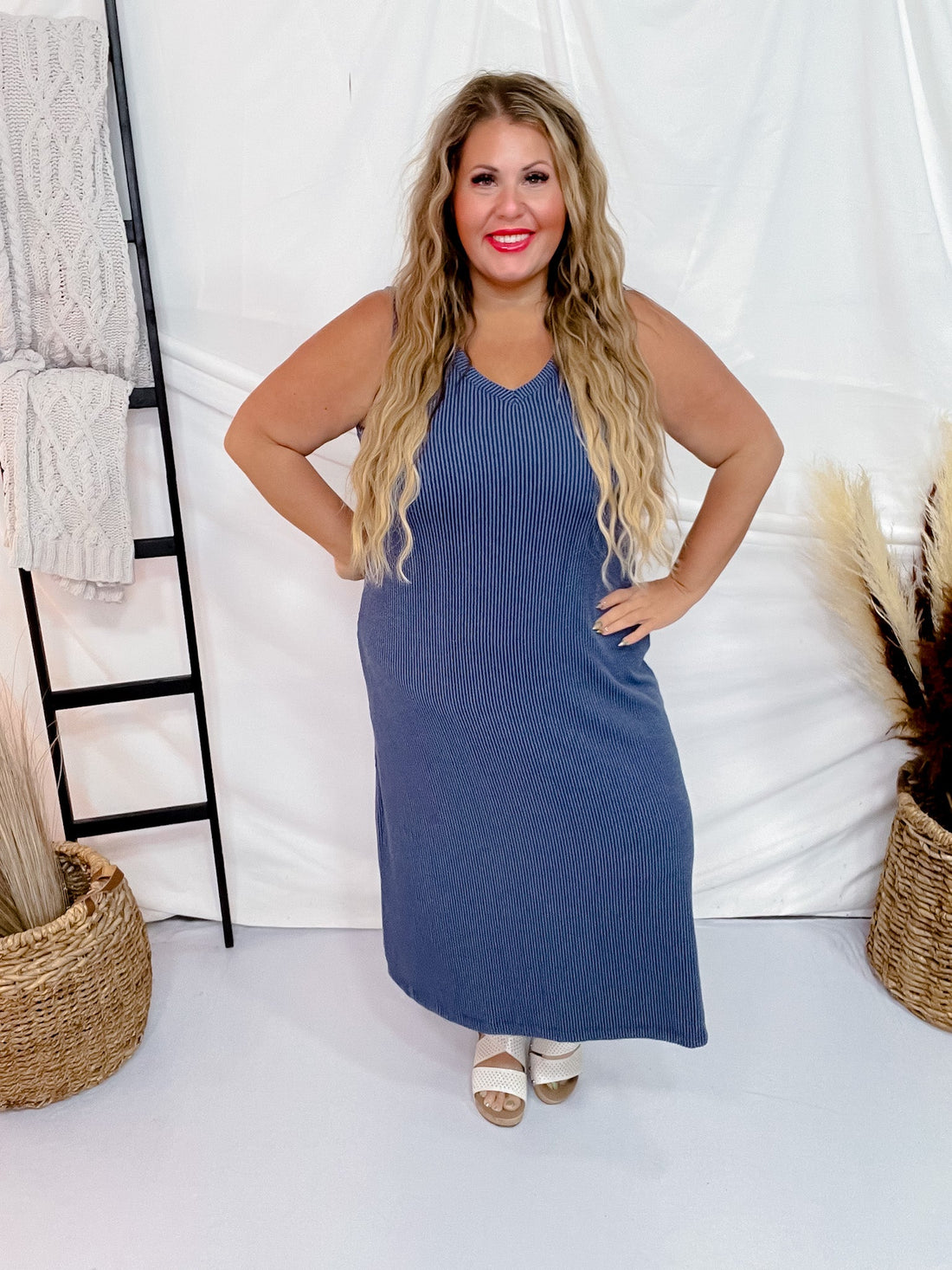 Navy Sleeveless Essential V - Neck Ribbed Maxi Dress - Whiskey Skies - BLUMIN