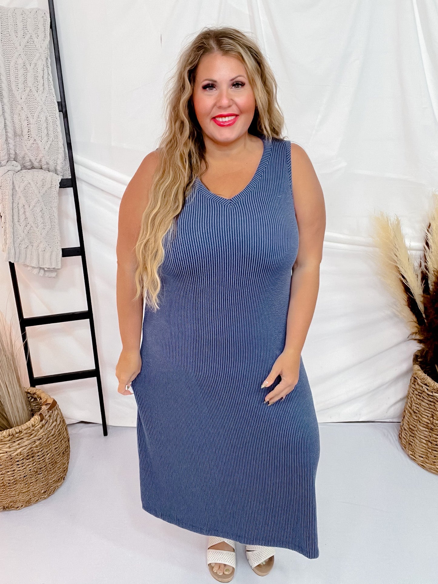 Navy Sleeveless Essential V - Neck Ribbed Maxi Dress - Whiskey Skies - BLUMIN