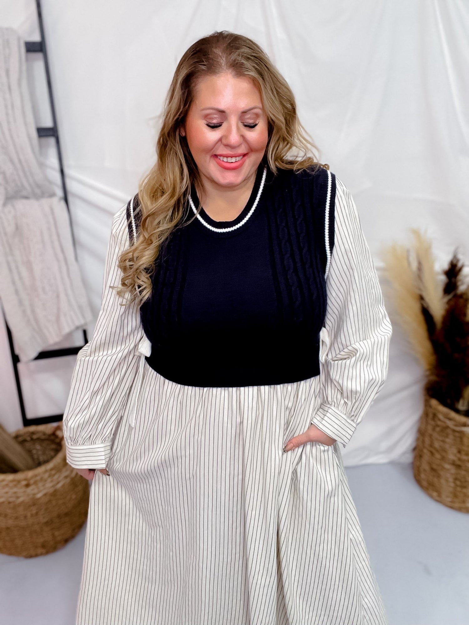 Navy & Taupe Striped Knit Sweater Vest Dress Final Sale Navy & Taupe Striped Knit Sweater Vest Dress Final Sale