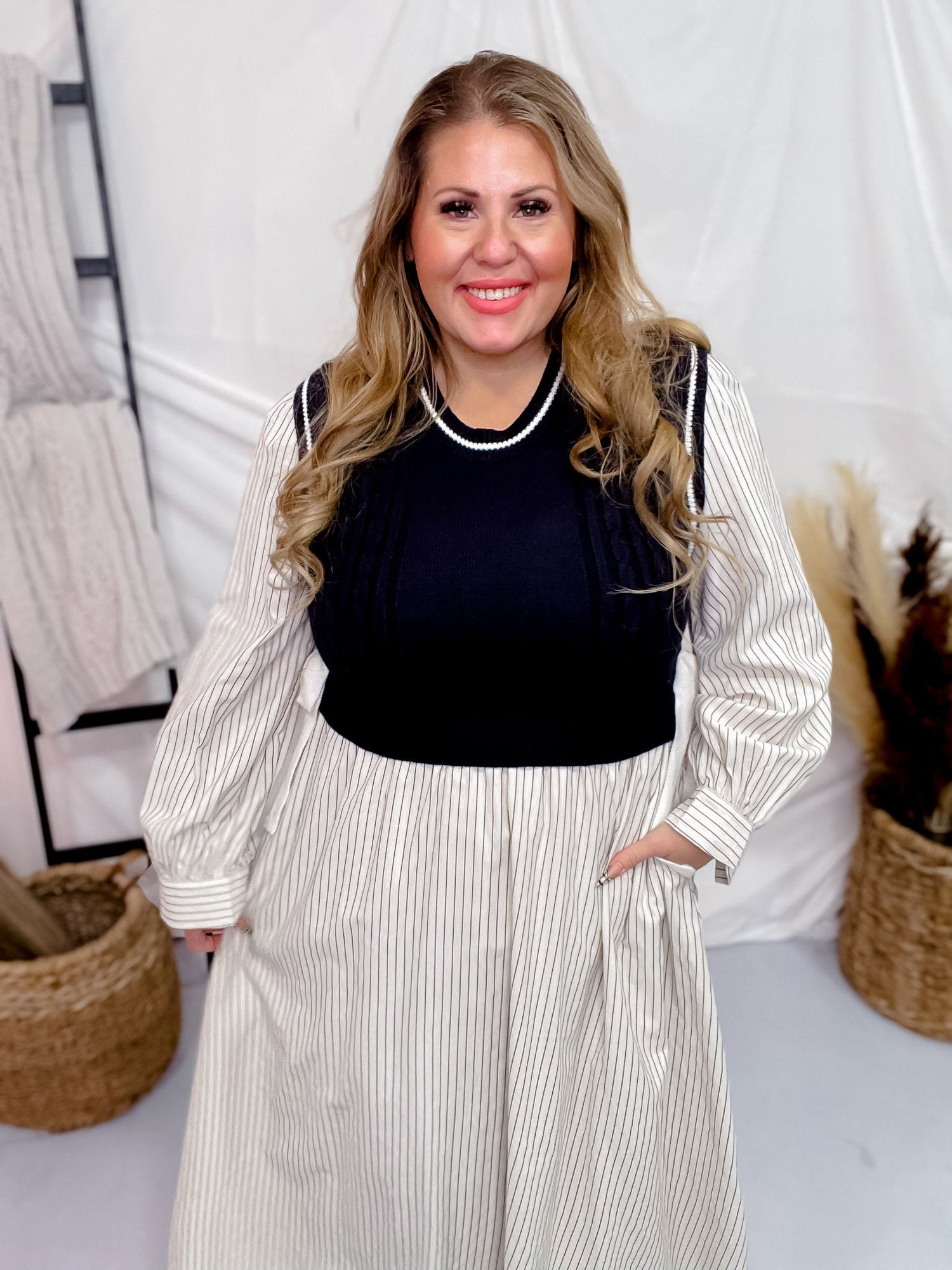 Navy & Taupe Striped Knit Sweater Vest Dress - Whiskey Skies SMALL Navy & Taupe Striped Knit Sweater Vest Dress - Whiskey Skies SMALL