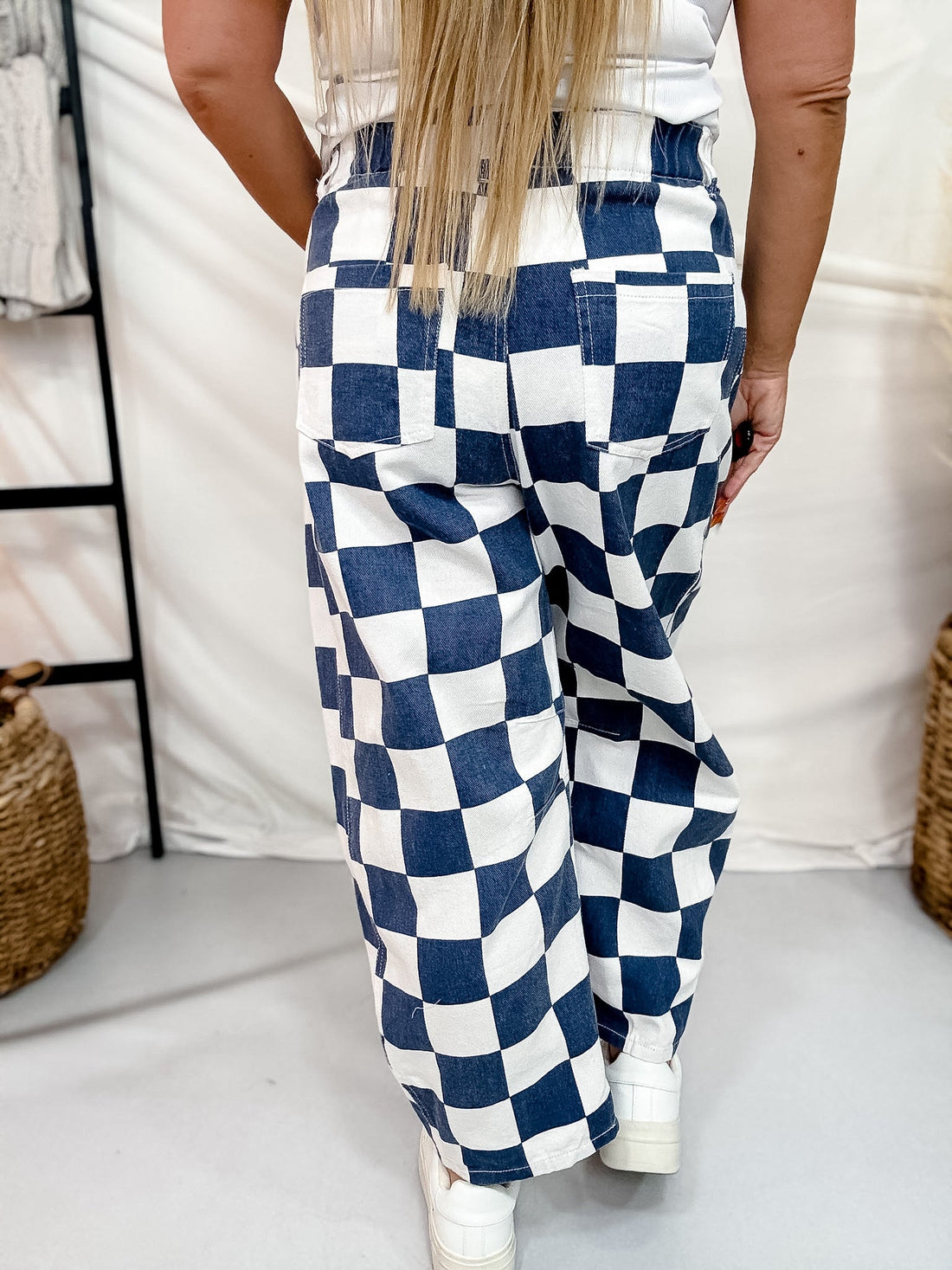 Navy & White Checker Print Barrel Leg Jeans - Whiskey Skies - ODDI