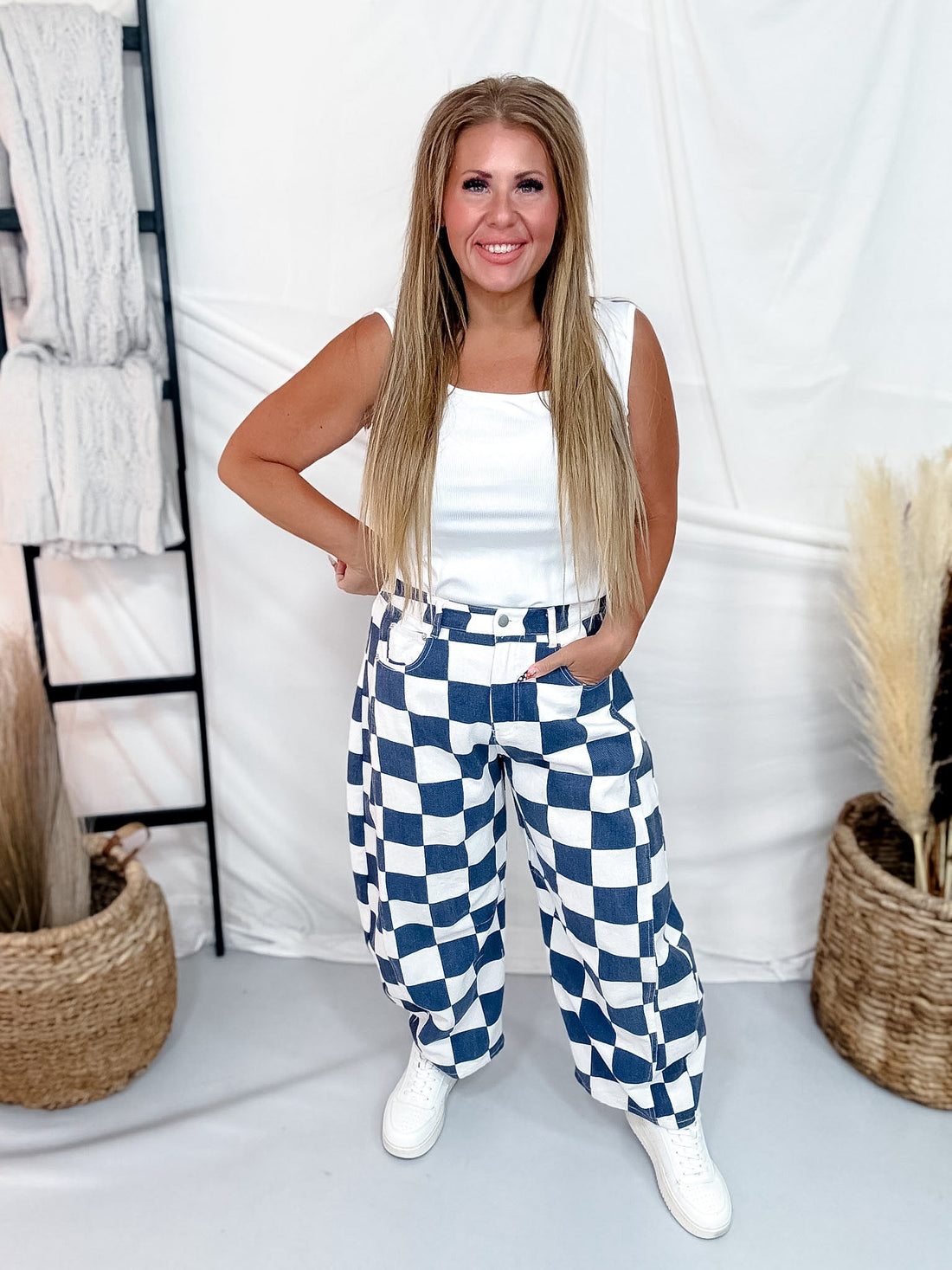 Navy & White Checker Print Barrel Leg Jeans - Whiskey Skies - ODDI