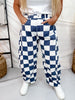 Navy & White Checker Print Barrel Leg Jeans - Whiskey Skies - ODDI